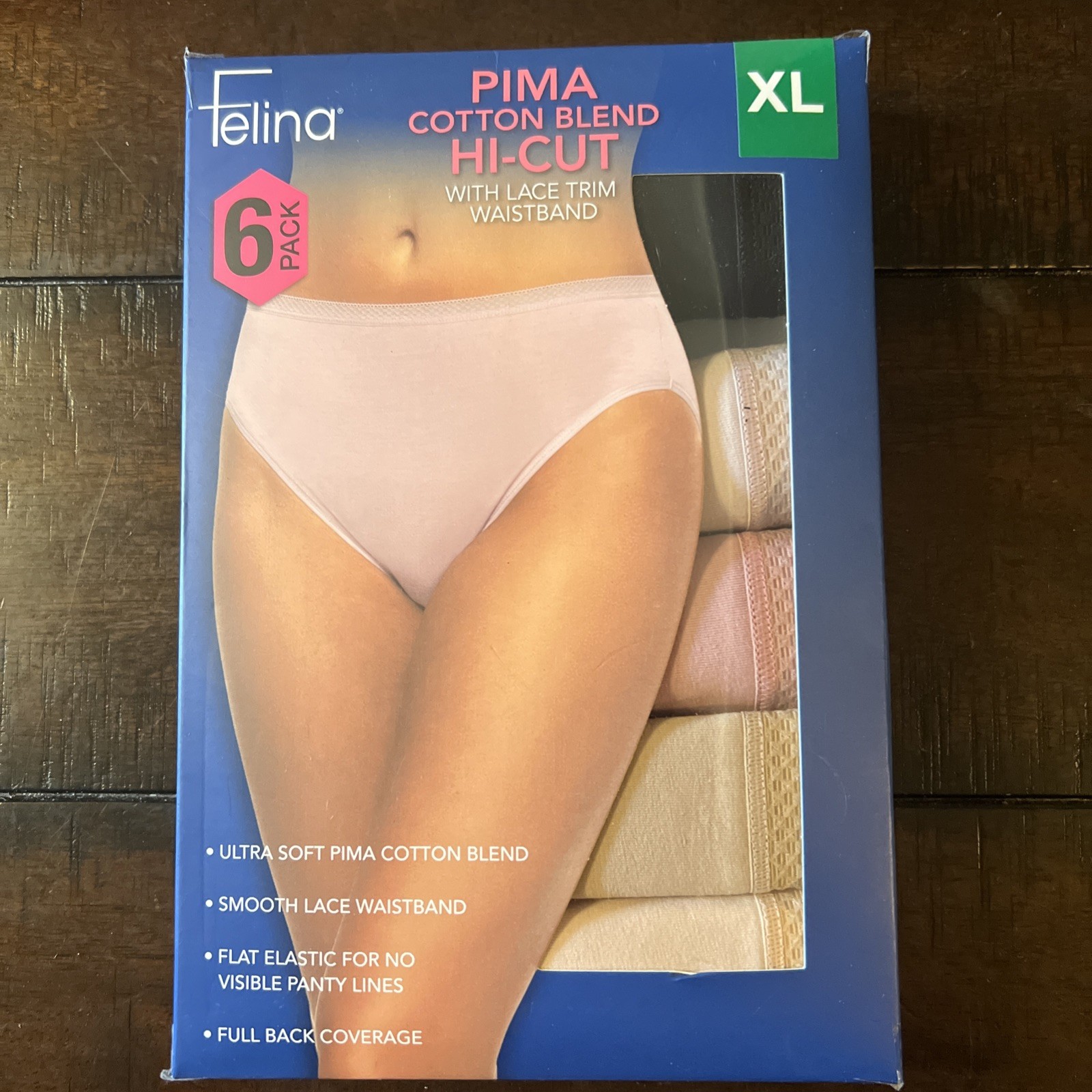 Felina 6 Pk Pima Cotton Blend Hi-cut with Lace Trim Waistband, Multi, XL
