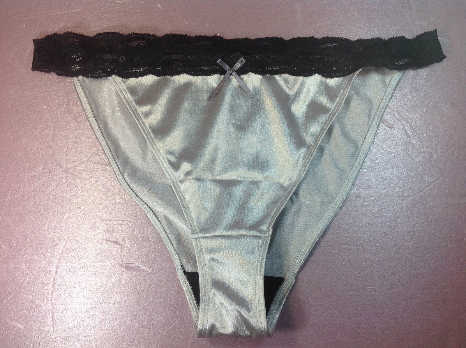 Women Panties,bikinis ILUSION Size L. Gray Satin Soft Silky W/ Fishnet Waistband