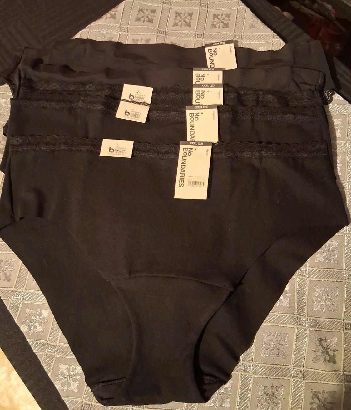 Lot Of 5-NWT-No Boundaries Black Micro Lace & Cotton Hipsters Panties-Size XXXL