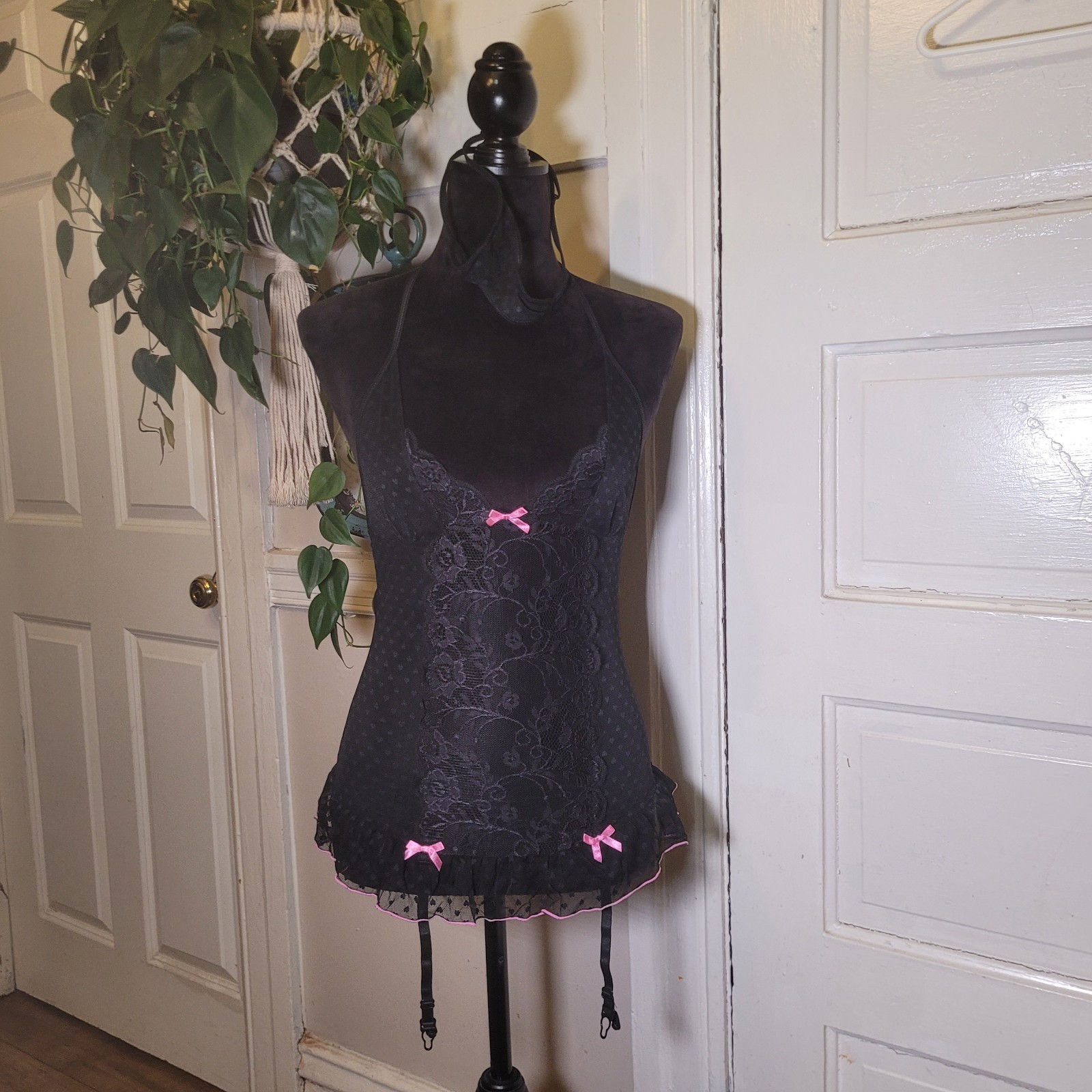 Lingerie Blk Pink Lace Matching Adjustable Thong Xs/small