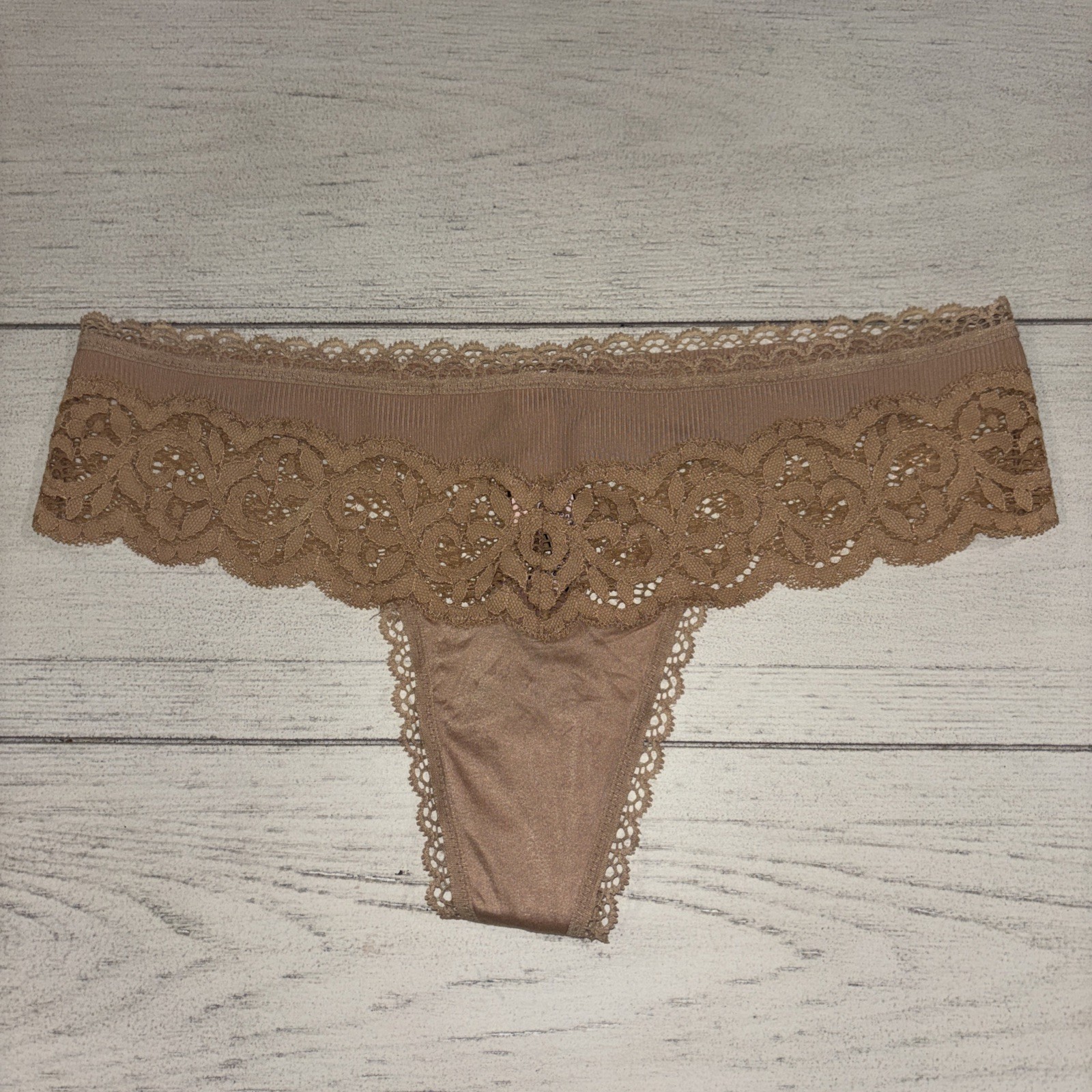 NWT Victoria’s Secret Thong Panty Sz S Small Semi Sheer Nude Latte Lace Stretch