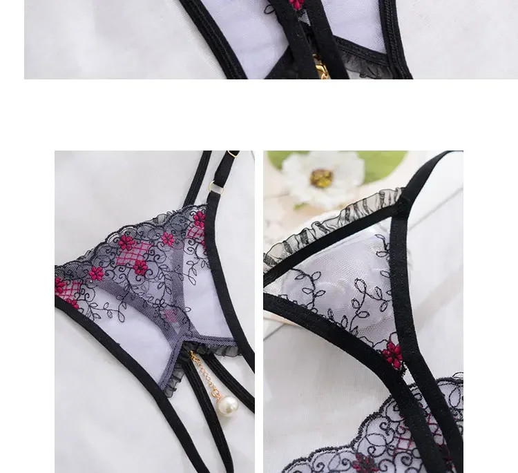 Pearl Pendant Crotchless Open Thongs Women Lace Transparent Embroidery G String