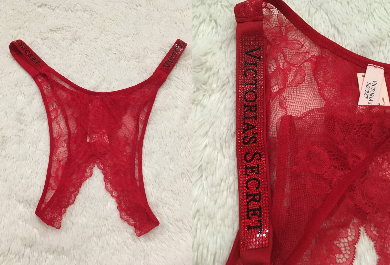 XL VICTORIA’S SECRET Shine Strap Brazilian Crotchless LACE Panty Lipstick Red