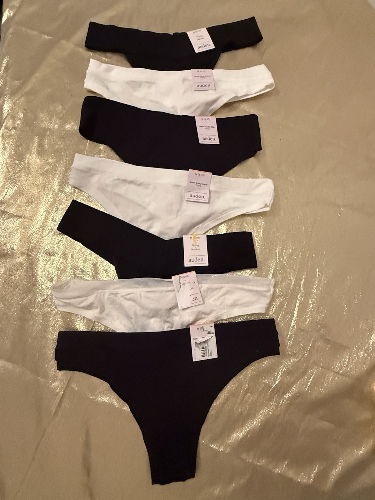 NWT 7 Pair Auden Soft Stretchy Thong Panties Black White Size Medium (8-10)