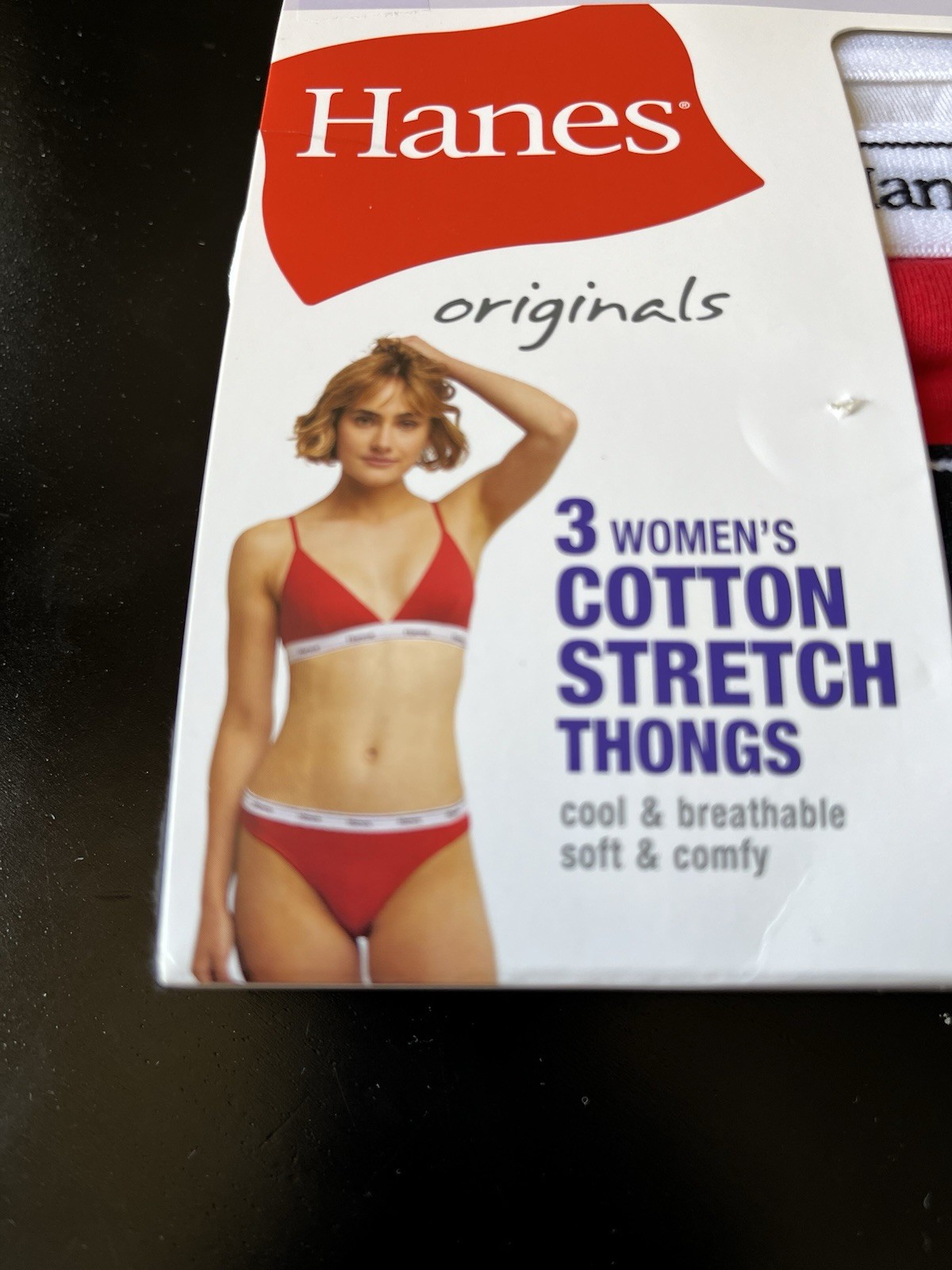 HANES Womens 3-Pack Cotton Stretch Thong Underwear Red White Black Size 5/S