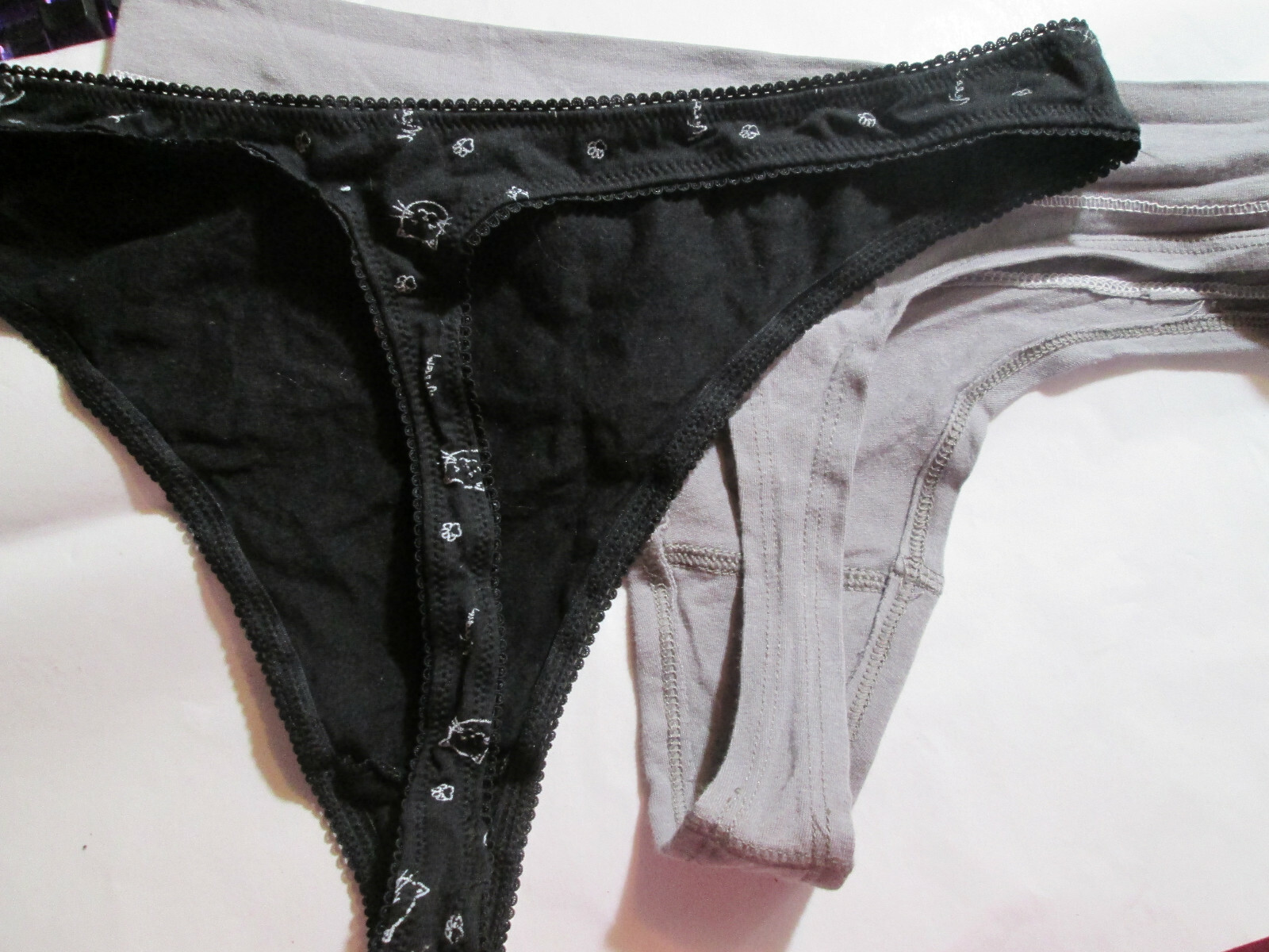New 2 Cotton Thongs Size XL You get 1 ea Black Kitty Cat Face & Gray ‘Sold Out’