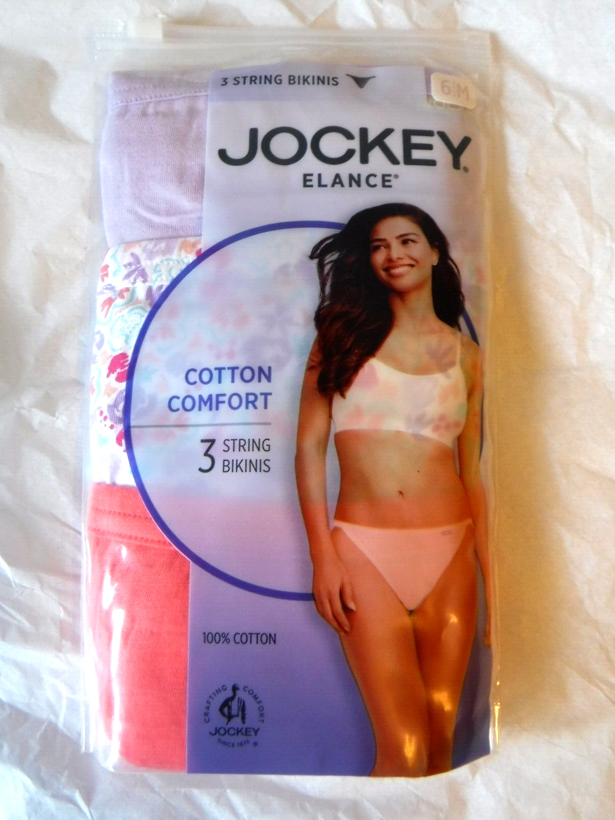 Jockey Women’s Elance 3 String Bikini Panties size 6 Lavender Floral 1483 cotton