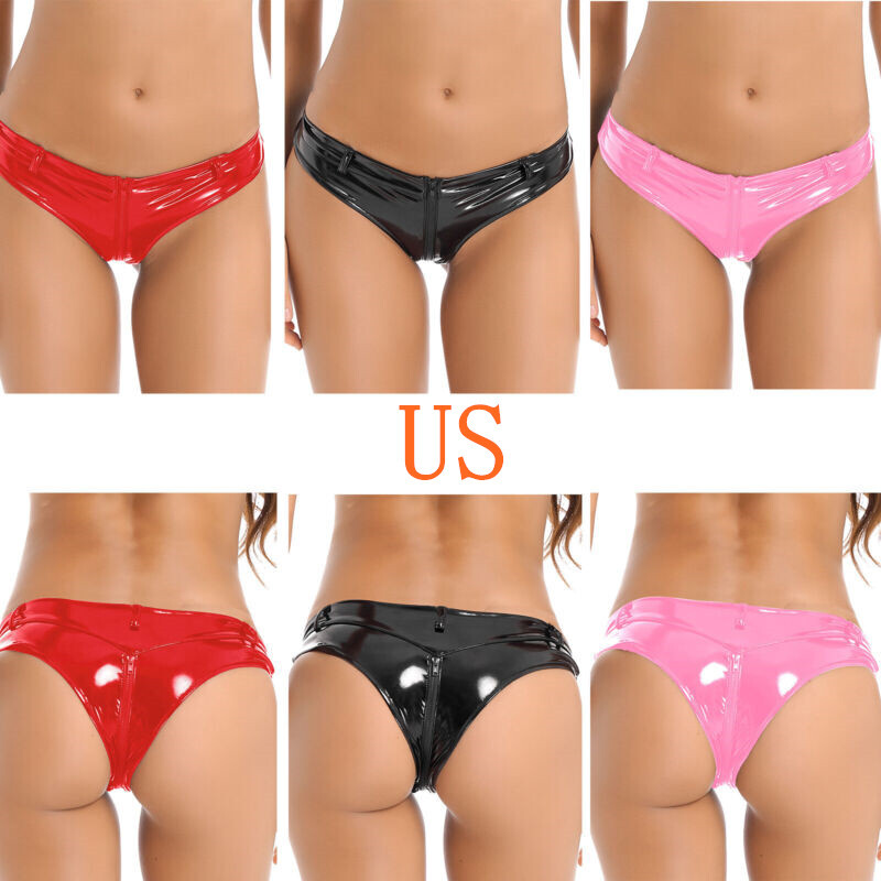 US Womens Shiny PVC Leather Bikini Briefs Wet Look Low Rise Thong Booty Clubwear