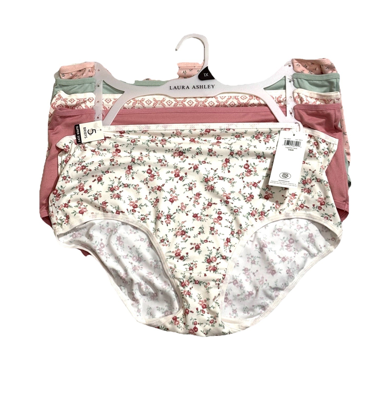 LAURA ASHLEY WOMEN 5 PACK PANTIES BRIEFS 1X SUPER SOFT SPRING FLORAL SOLID $48