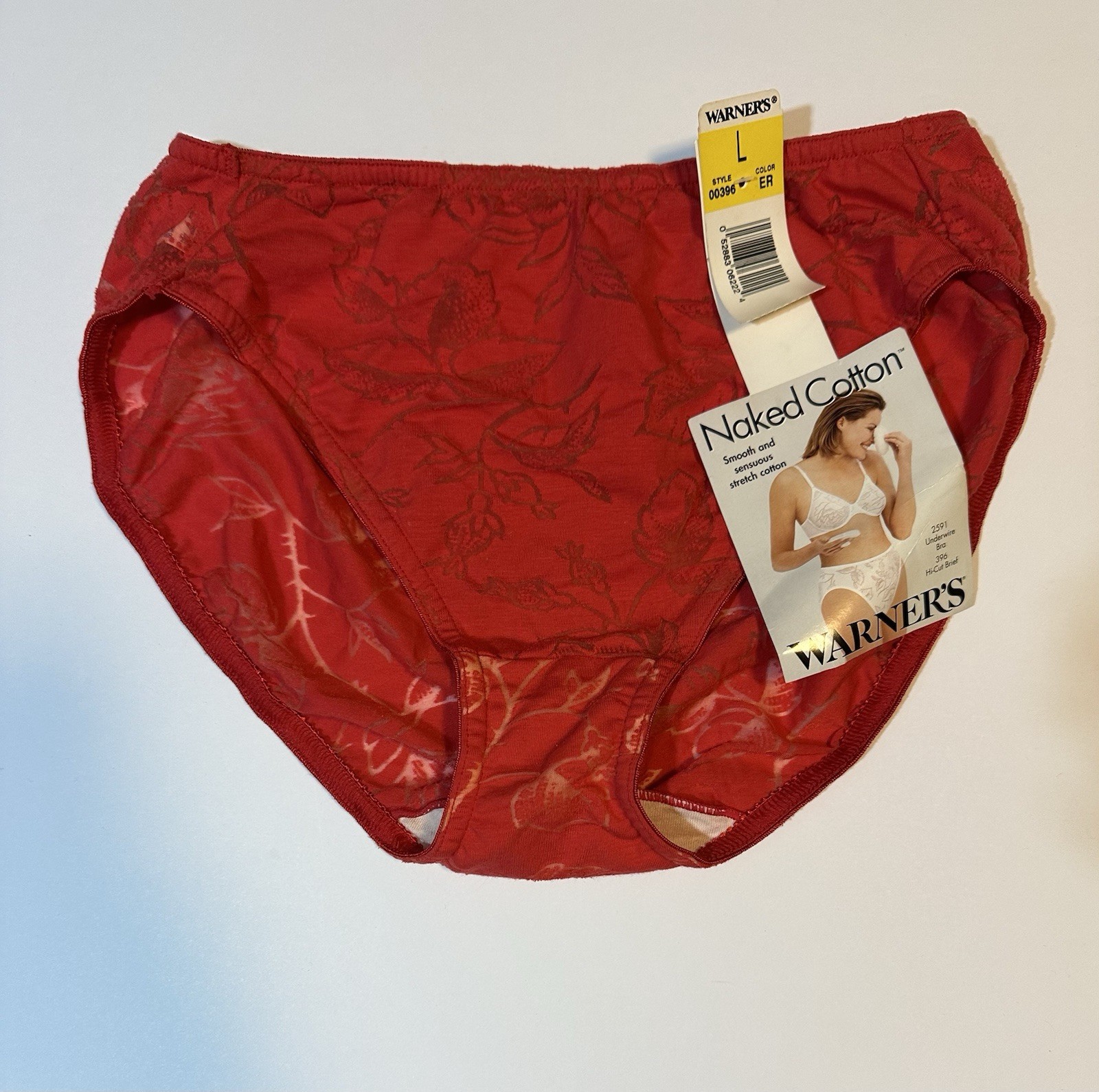 Vtg 90s Warners Naked Cotton Hi Cut Brief Panty Size L Red Floral Sheer New