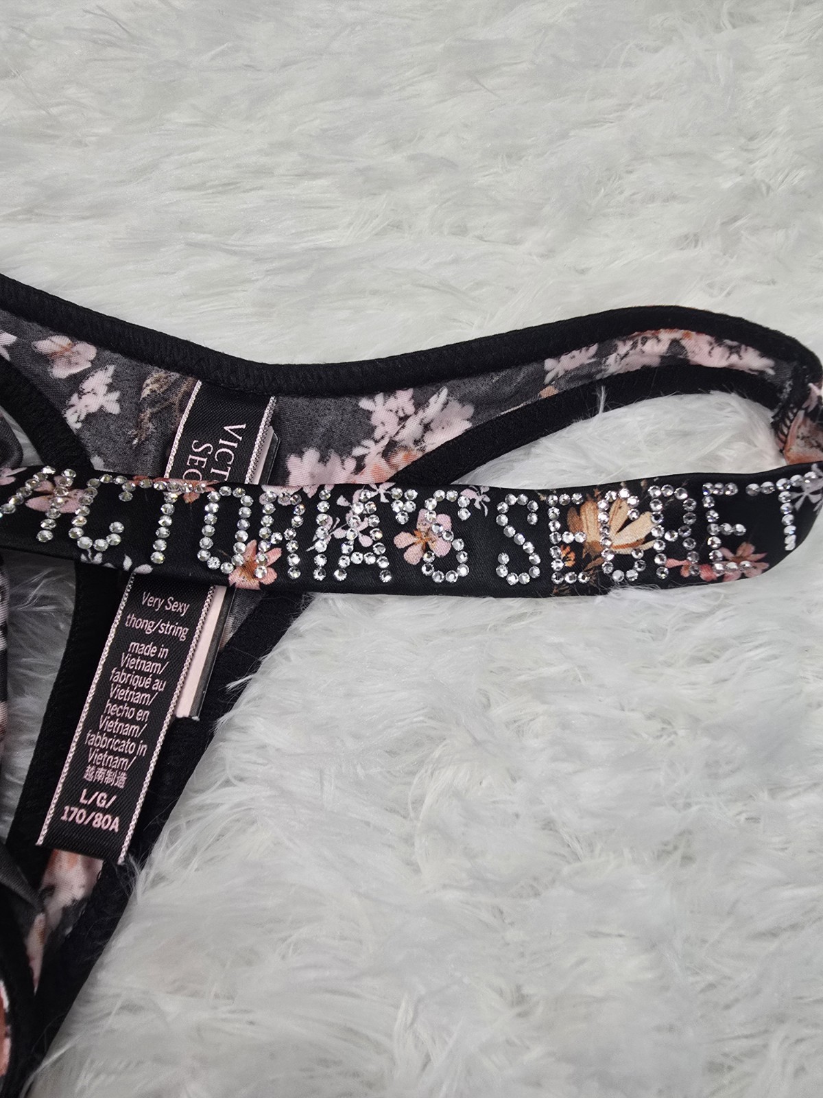 VS shine rhinestone strap thong panty new size large black floral