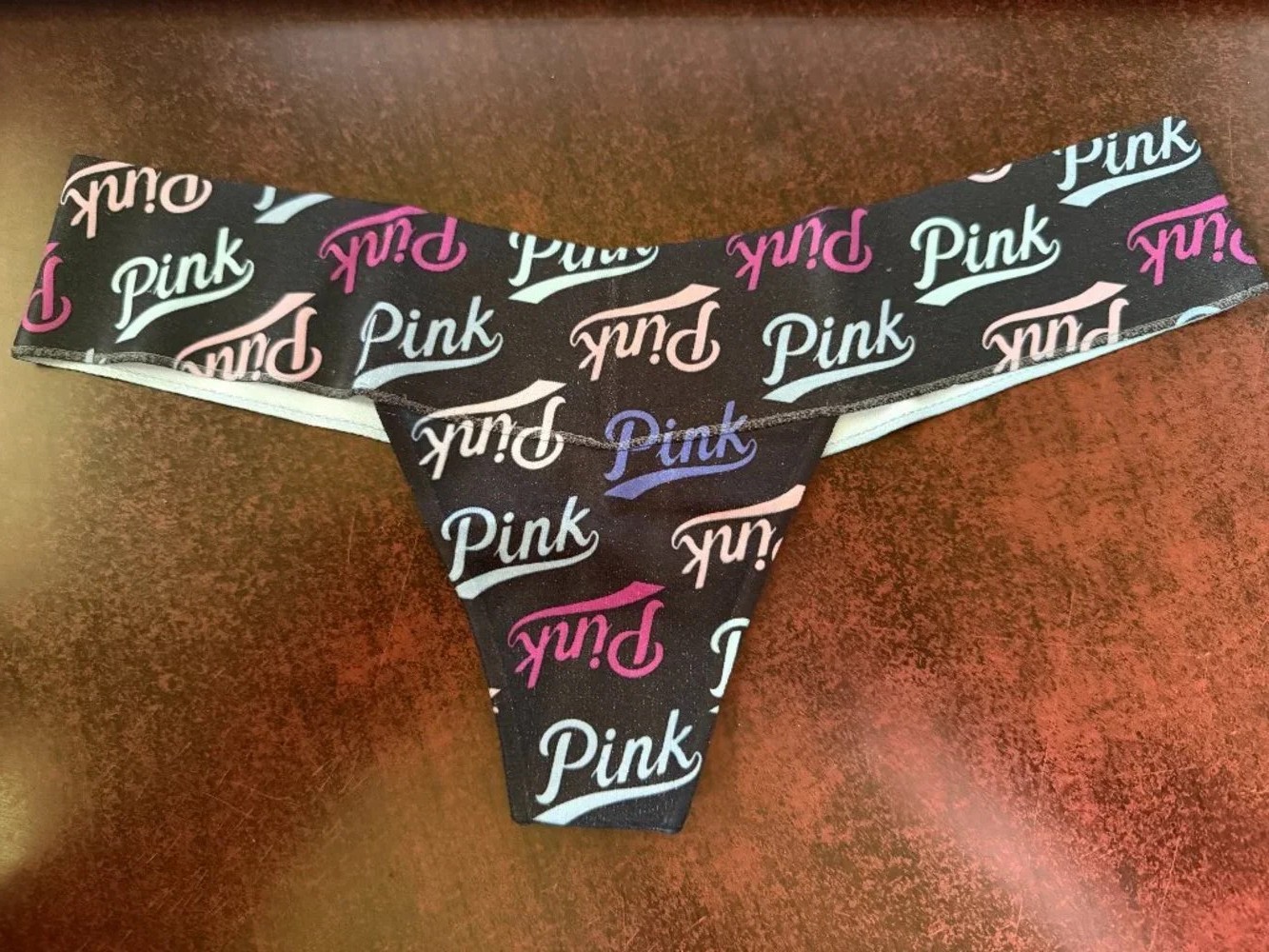 black Victoria’s Secret PINK thong multi-colored logo print XS