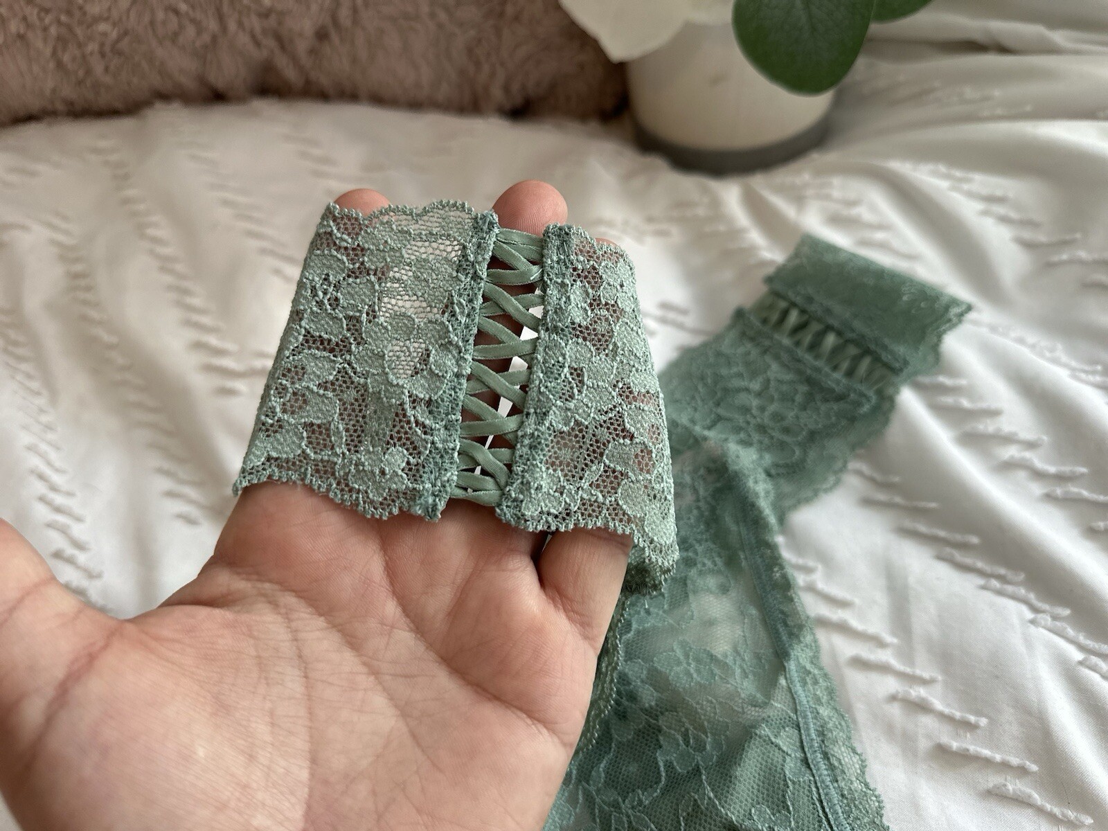 NWT Victoria’s Secret Double Lace Up THE LACIE Thong Panties Medium Green VS