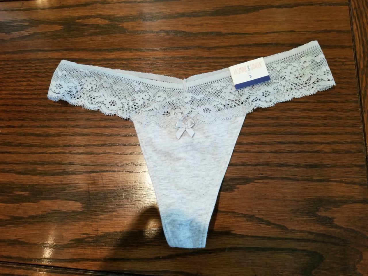 NWT JASMINE & GINGER COTTON SPANDEX THONG PANTIES LACE WAIST 82200 HEATHER GREY