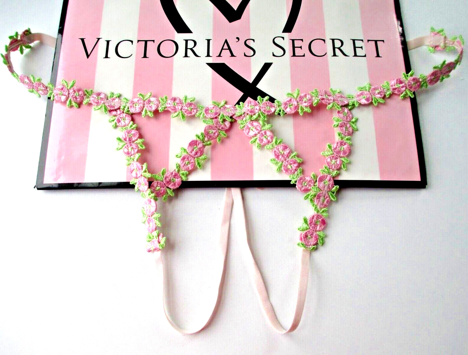 VICTORIA’S SECRET DREAM ANGELS V-String Thong Panty M Pink NWT Floral Embroidery