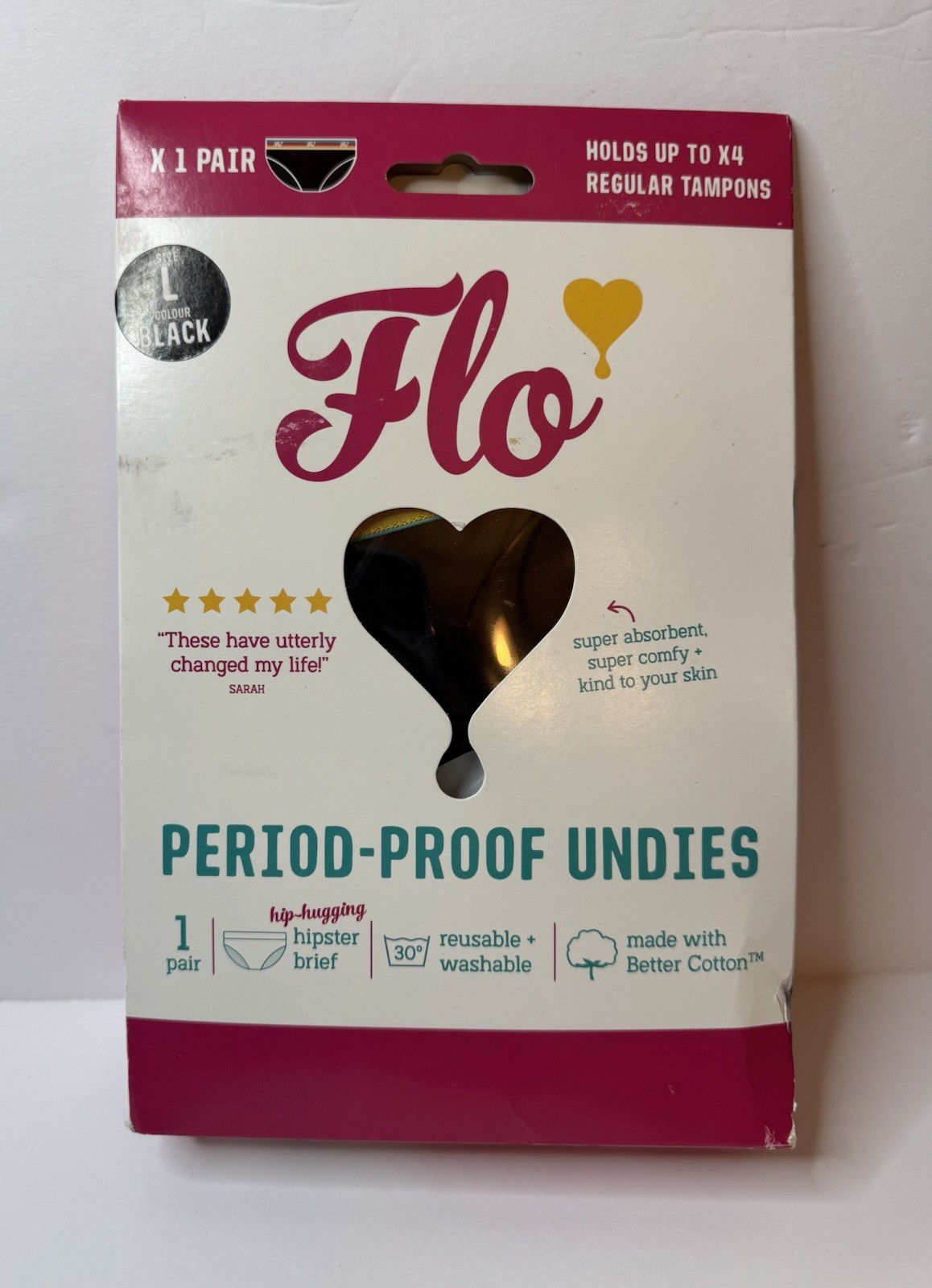 Flo Period-Proof Undies, Hipster Brief , Washable, Size Large – New