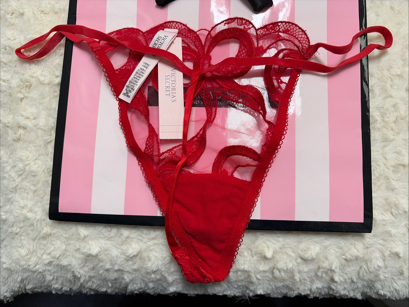 New Victoria’s Secret Red Mesh Embroidery Polyamide V String Panty, SZ XL