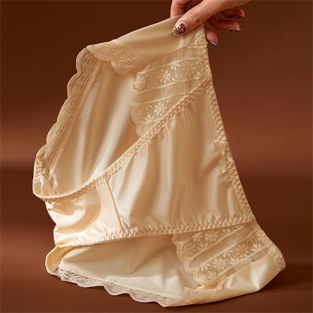 4pcs Women Luxury Ice Silk Smooth Glossy Satin Underwear Sexy Lace Thongs