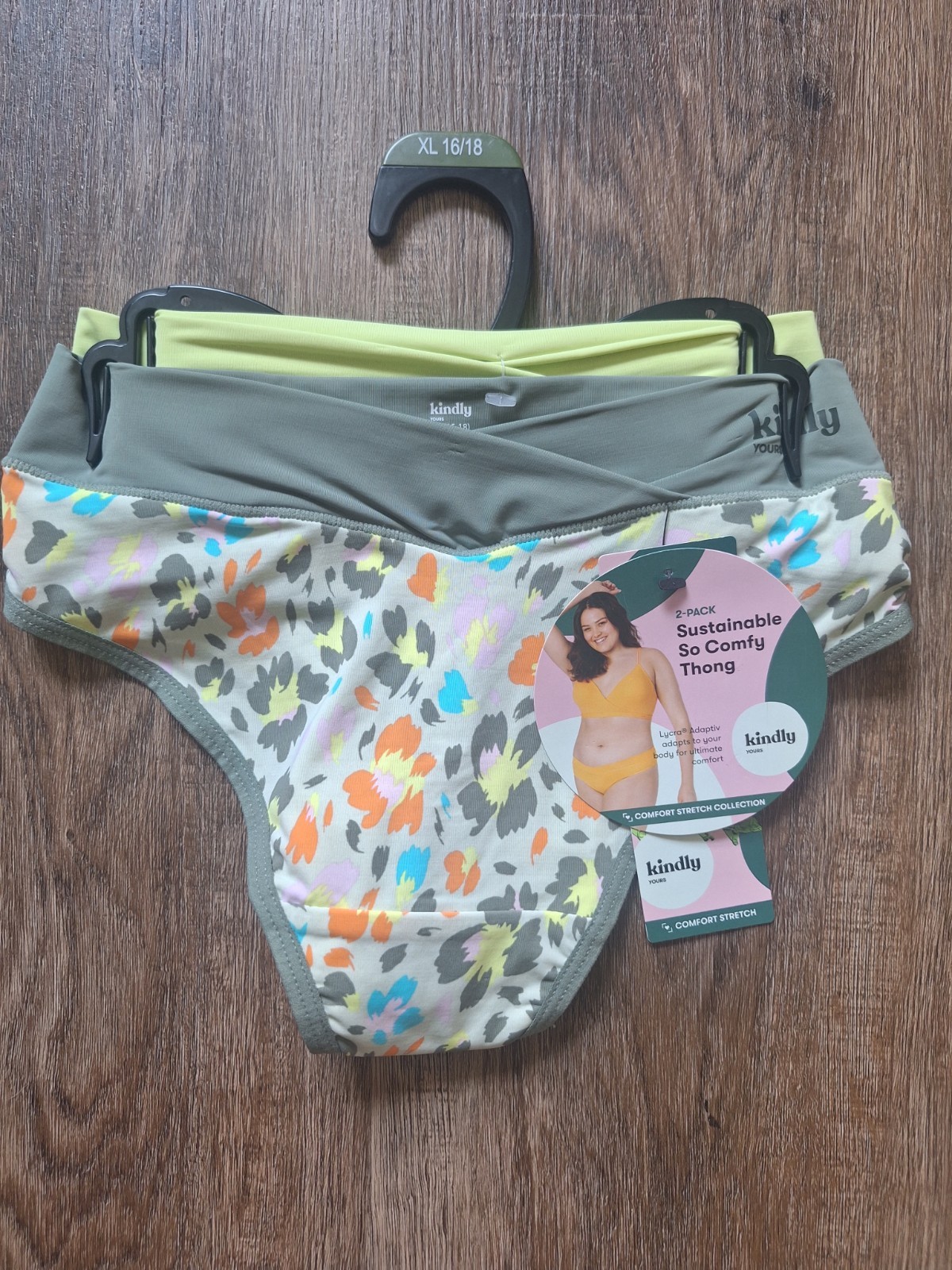 KINDLY YOURS WOMENS COMFY THONG UNDERWEAR SIZE XL 16/18 GREEN- FLOWER- 2 PK- NEW