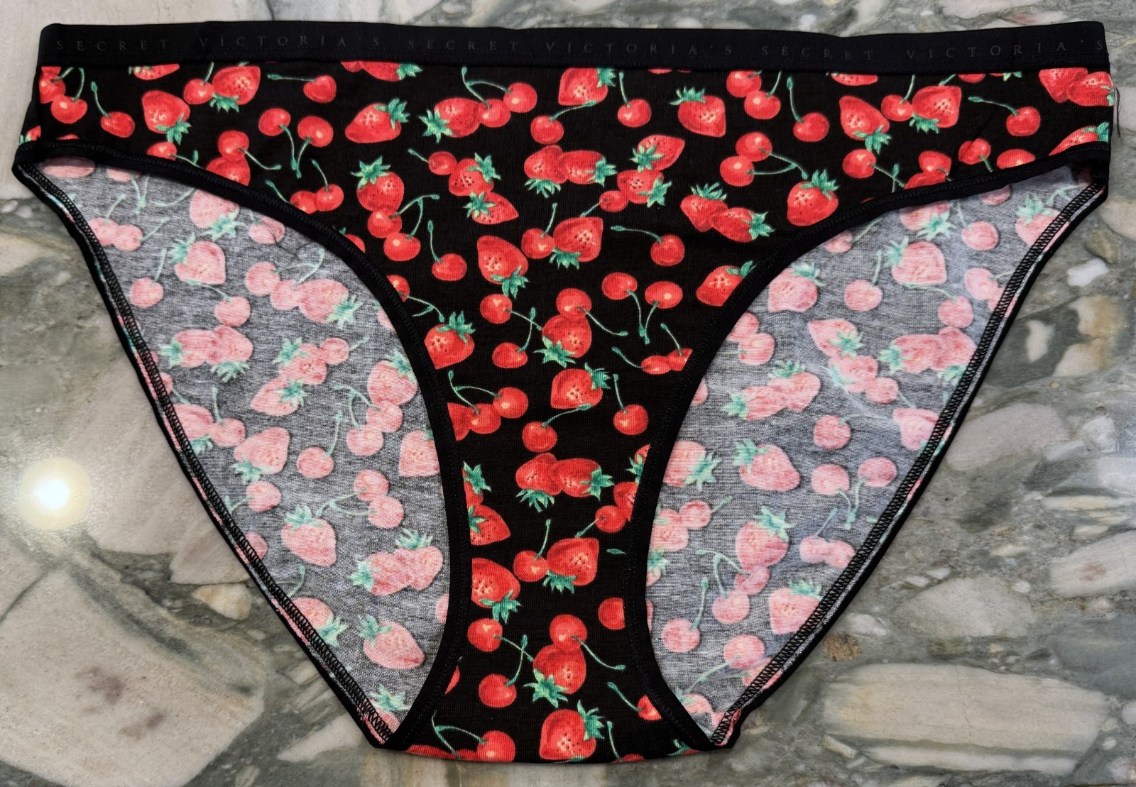 NEW Victoria Secret Cotton Bikini Panty Black Strawberries & Cherries XL or XXL