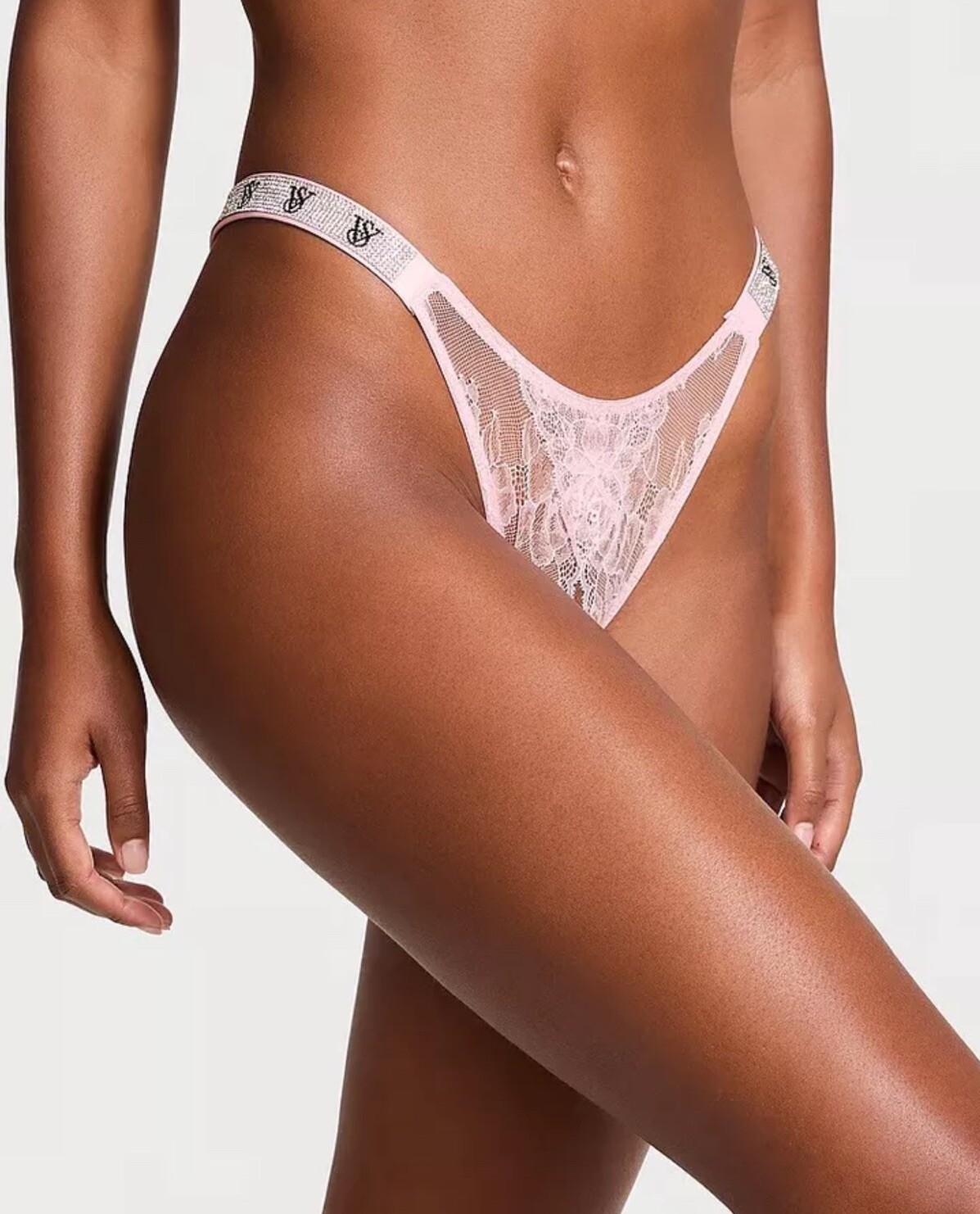 NEW Victoria’s Secret Shine Strap Crotchless Panty Rhinestone Petal Pink Lace XS
