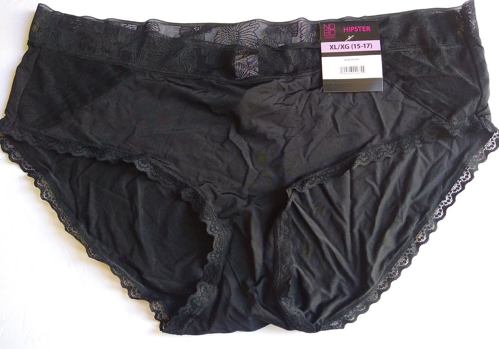 NoBo Hipster Panties Womens XL(15-17) Underwear Black Nylon Blend With Lace Trim