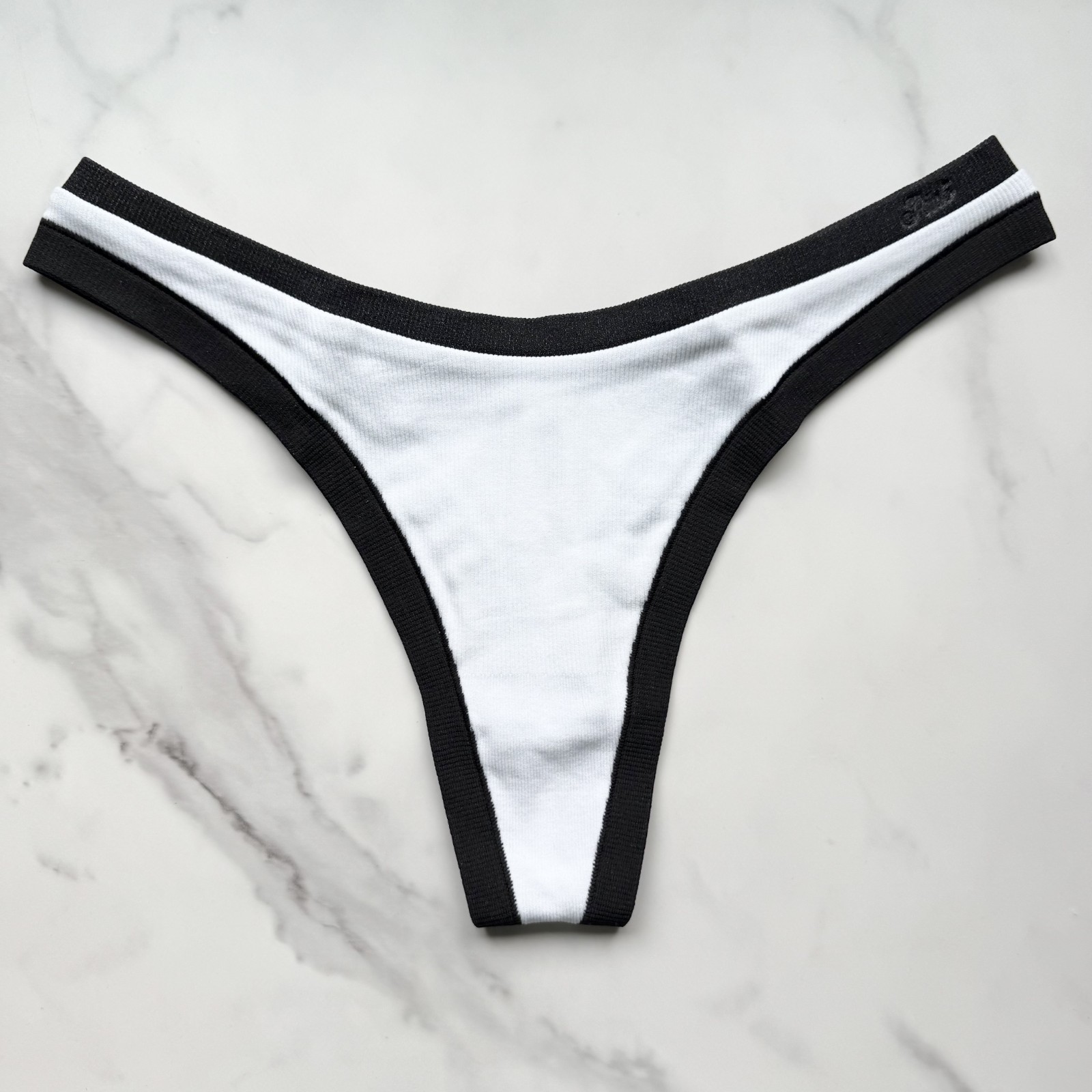PINK Victoria’s Secret Seamless High-Leg Smooth Thong Panty White W/ Black