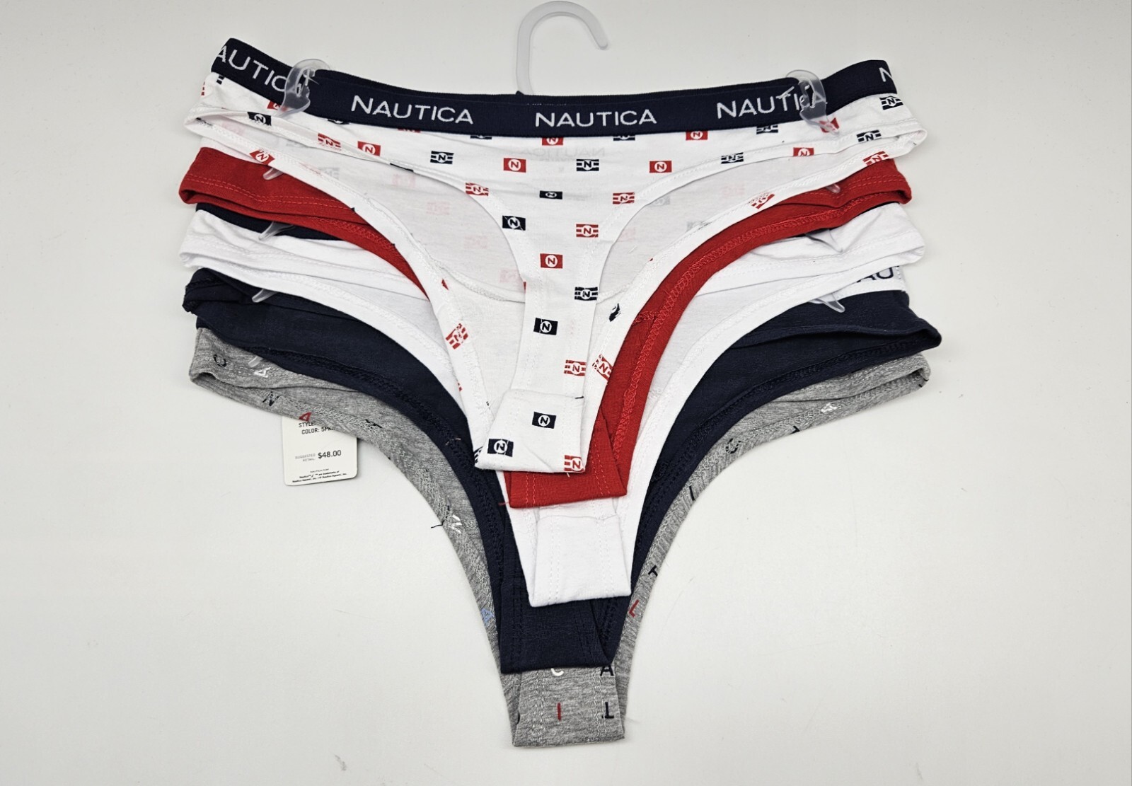 5 Pack NAUTICA Women’s M L XL Cotton Logo Thong Panties Navy Blue White Gray Red