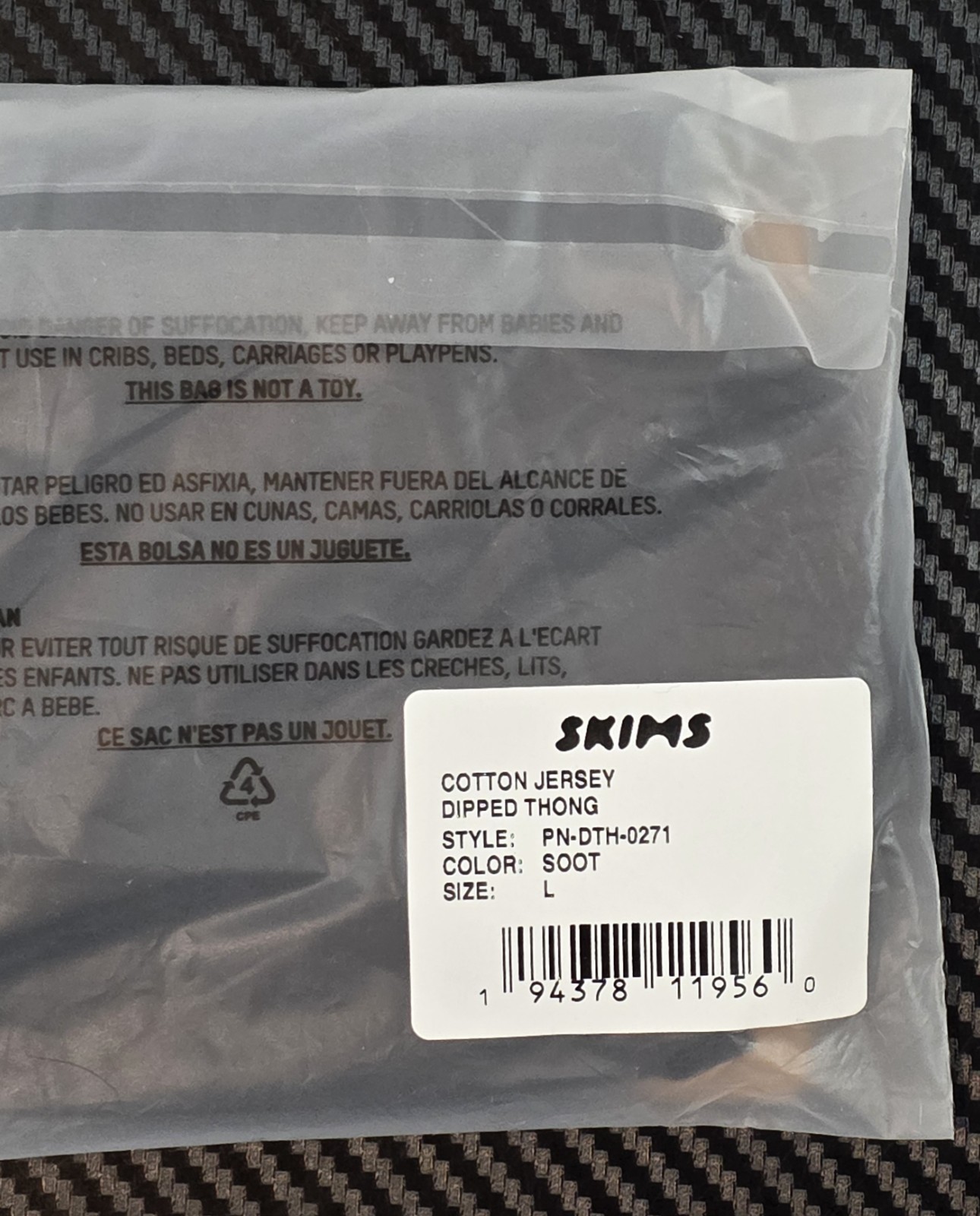 Skims Women’s Size Large Cotton Jersey Dipped Thong in Soot Color #PN-DTH-0271