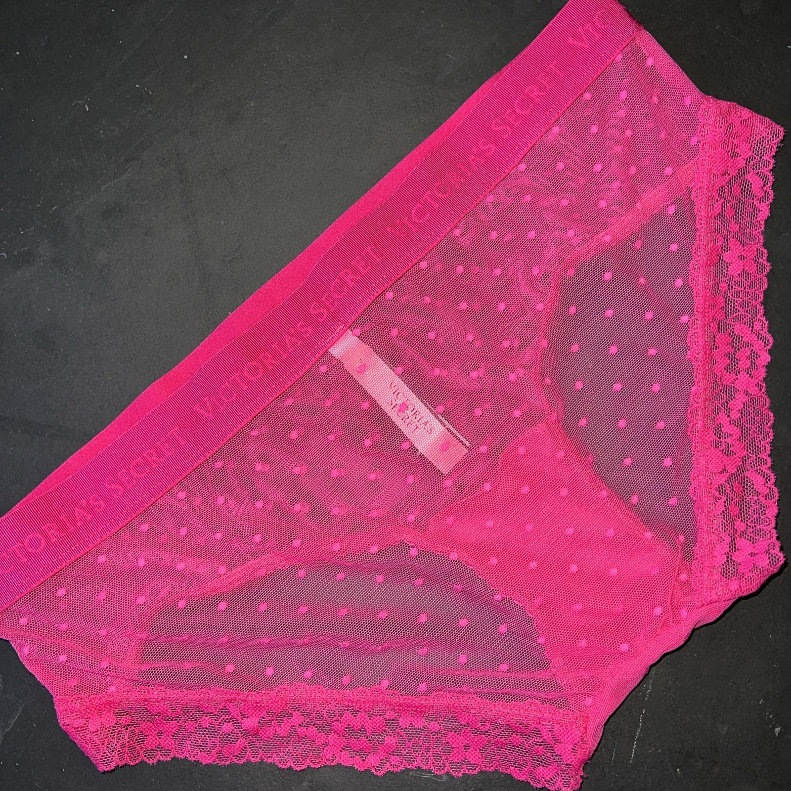 NWT Victoria’s Secret L HIPHUGGER/hipster PANTY Hot PINK polka Dot Mesh Logo