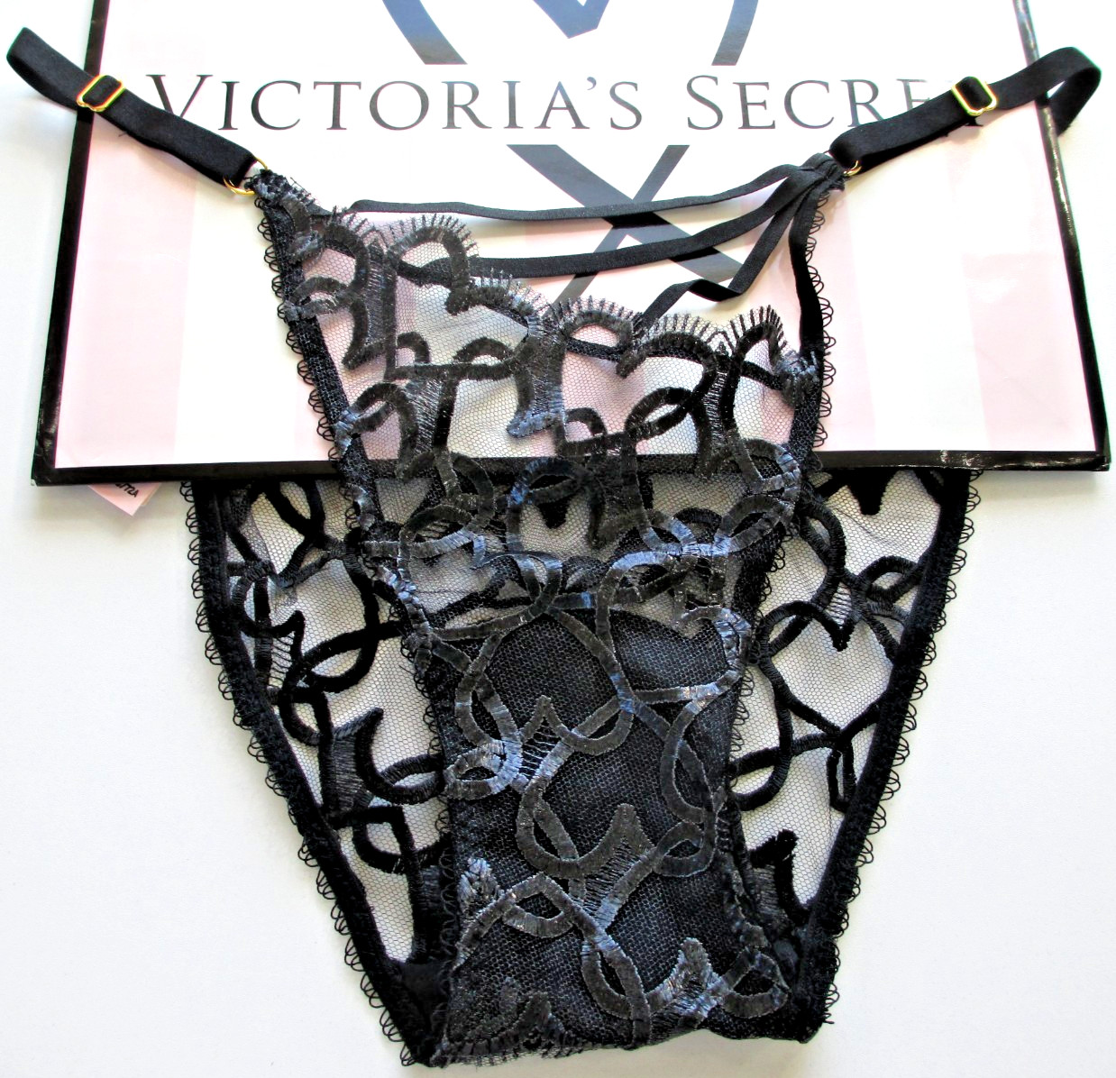 VICTORIA’S SECRET VERY SEXY String Bikini Panty Black Shine Hearts Lace S M L XL
