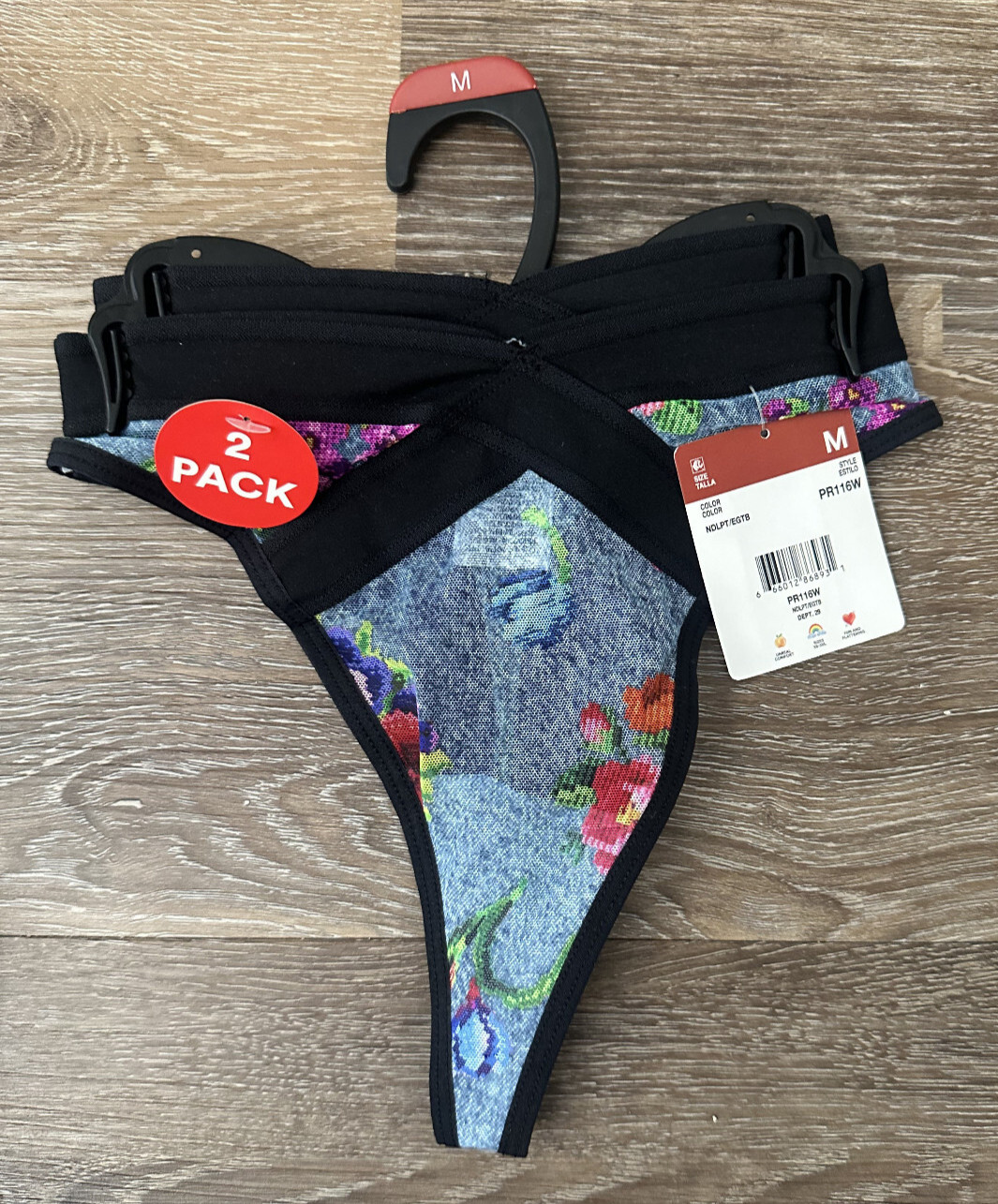 Parade Mesh Thong Panties Nylon Blend Denim Floral Black Trim Juniors Medium 2pk