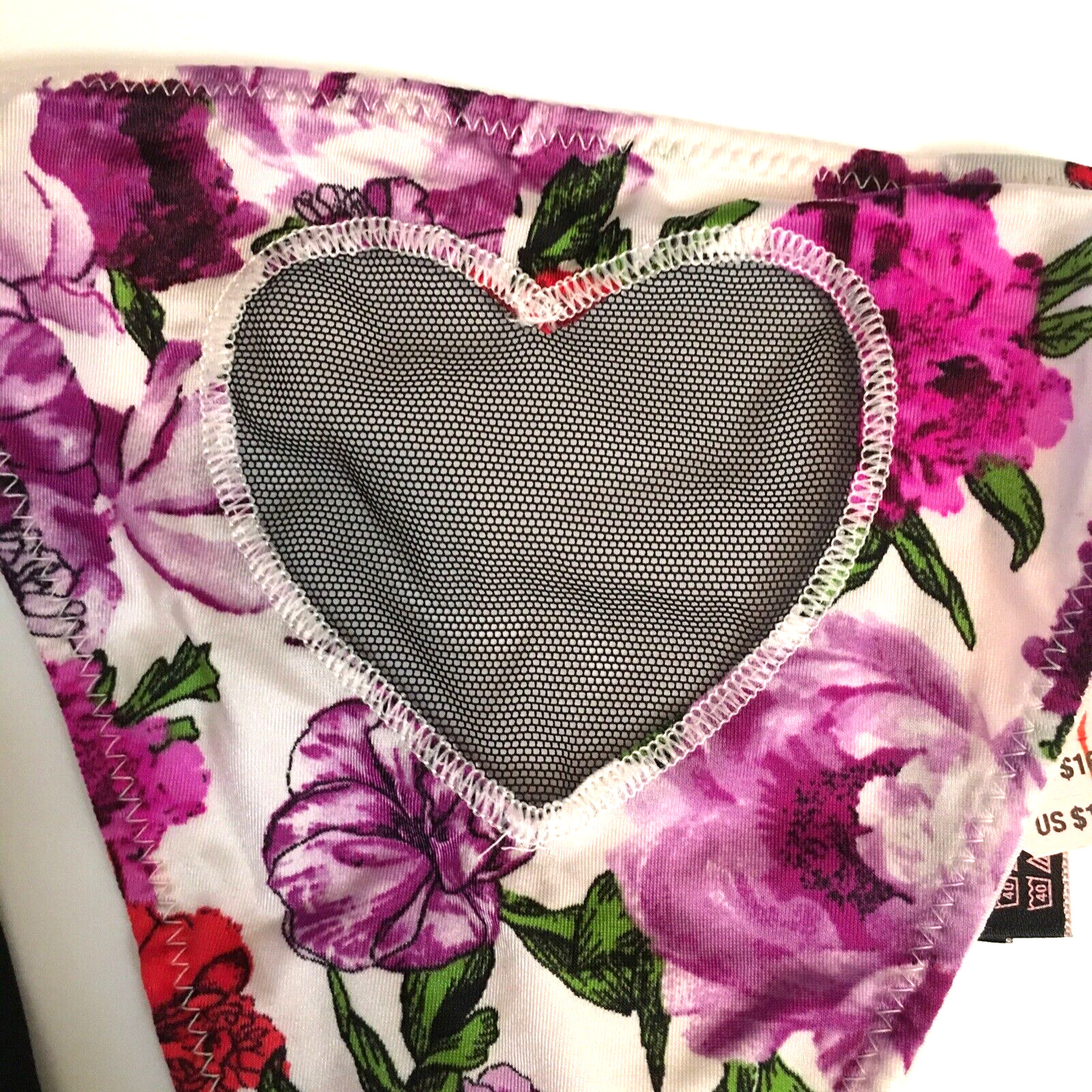 Victorias Secret Floral Mesh Heart V-String Thong Size S Cut-Out Sexy Bow Back