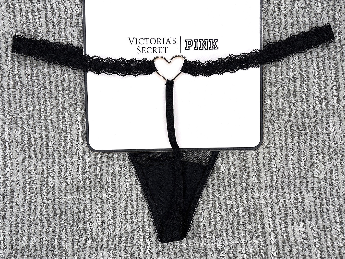 Victoria’s Secret Very Sexy NWT XL Black Lace Heart Hardware V String Panty