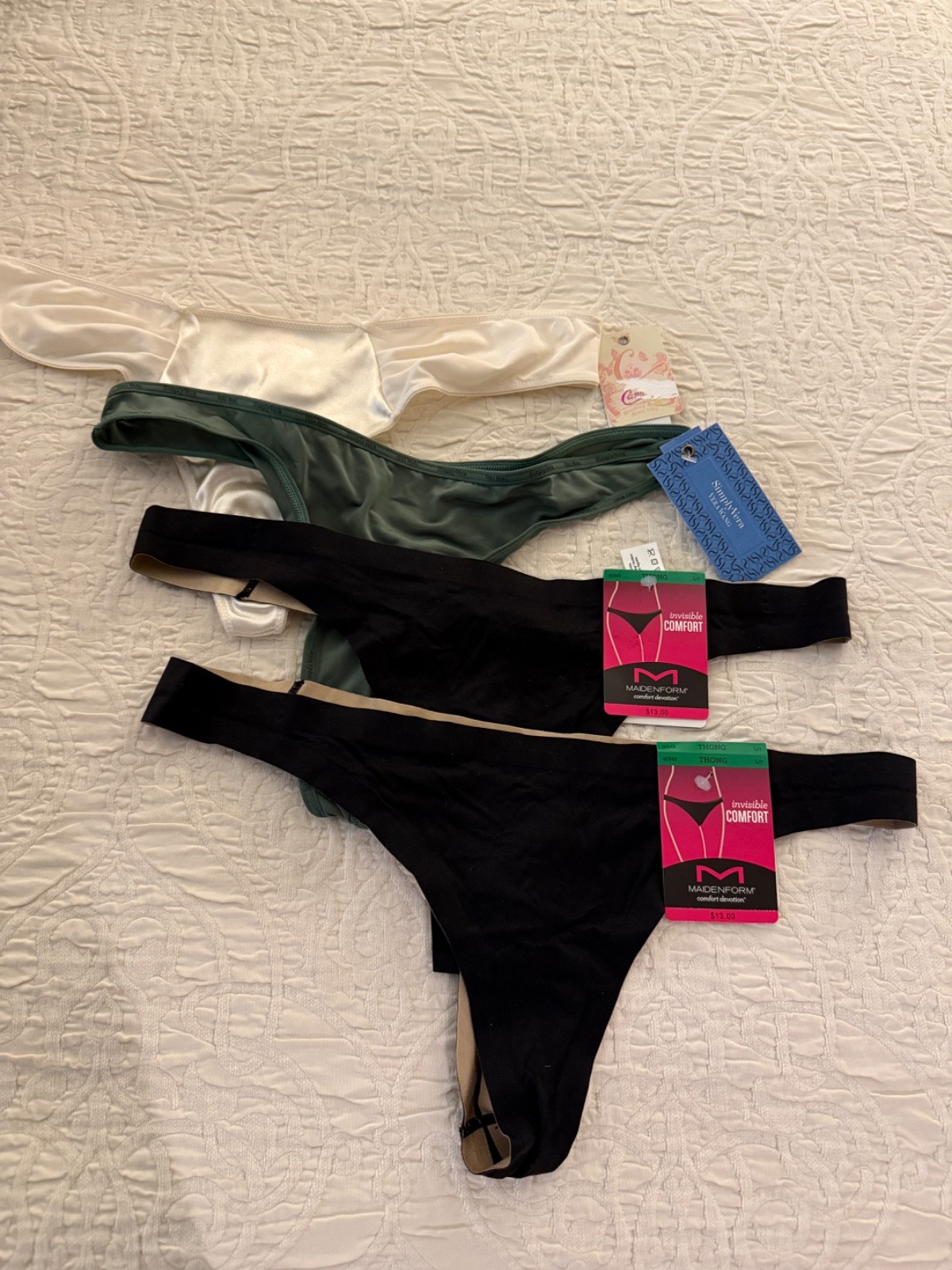 Lot of 4 thongs, size large, size 7. Two Maidenform, one Simply Vera, one Candie