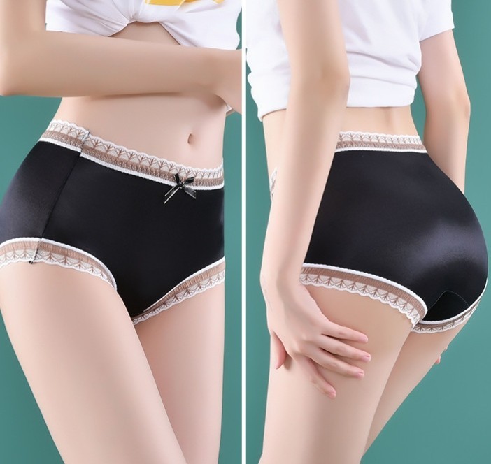 3 Pack Lace Satin Seamless Panties Mid Waist Bikini Antibacterial Cotton Crotch