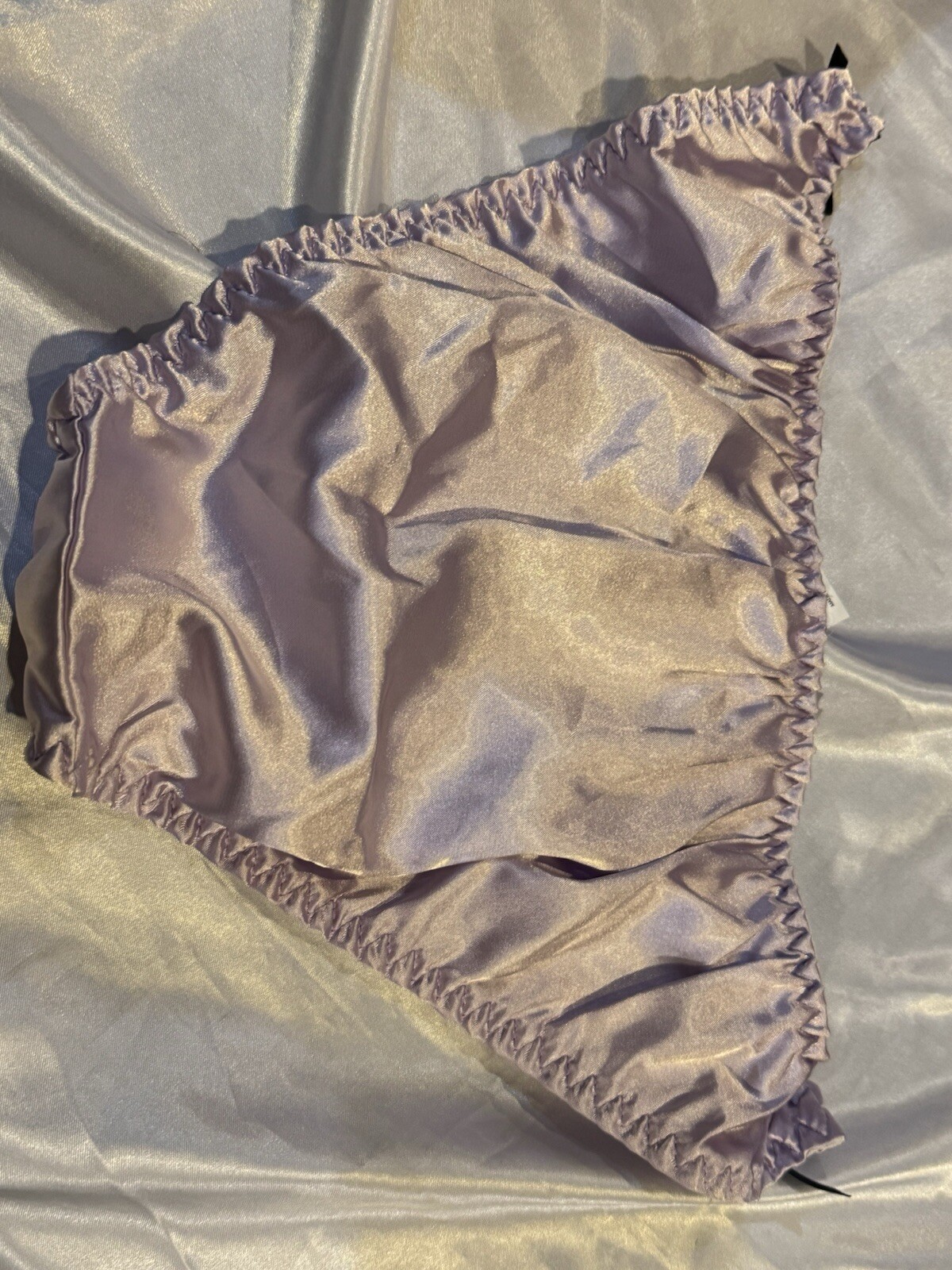 Lavender Purple Ruched Satin Bikini Panties Black String Bows On Hip Side Sz M