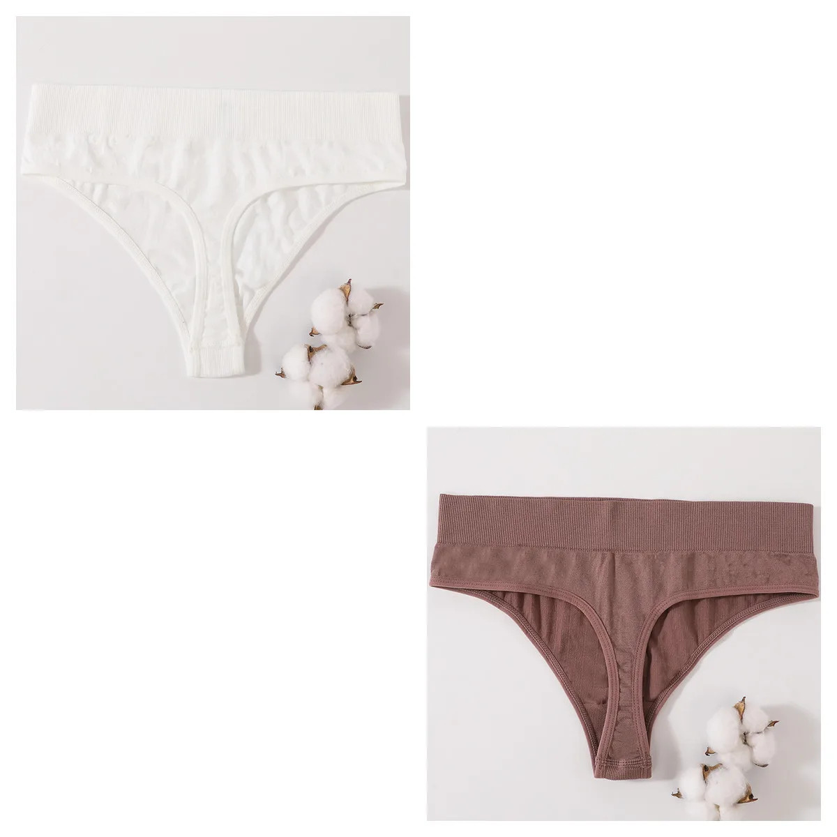 Seamless High Waist Thong Women’s Solid Panties Soft Stretch Underwear 2 Pcs