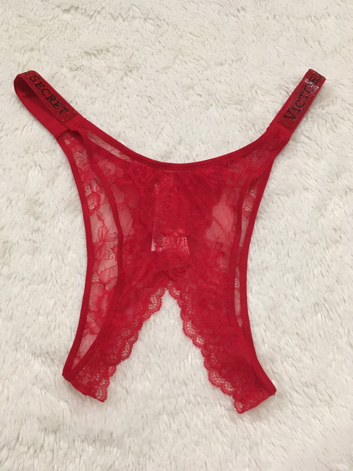 XL VICTORIA’S SECRET Shine Strap Brazilian Crotchless LACE Panty Lipstick Red