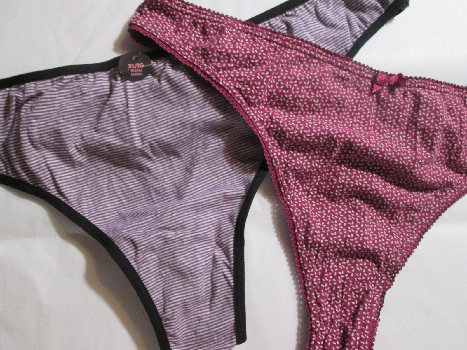 2 New 95% Cotton Thong Panties Size XL Set of Purple Stripe + Plum Floral