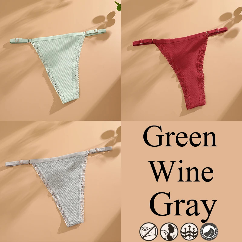 3pc Women Lace Thongs G-String Low Rise Panties Adjustable Waist Underwear