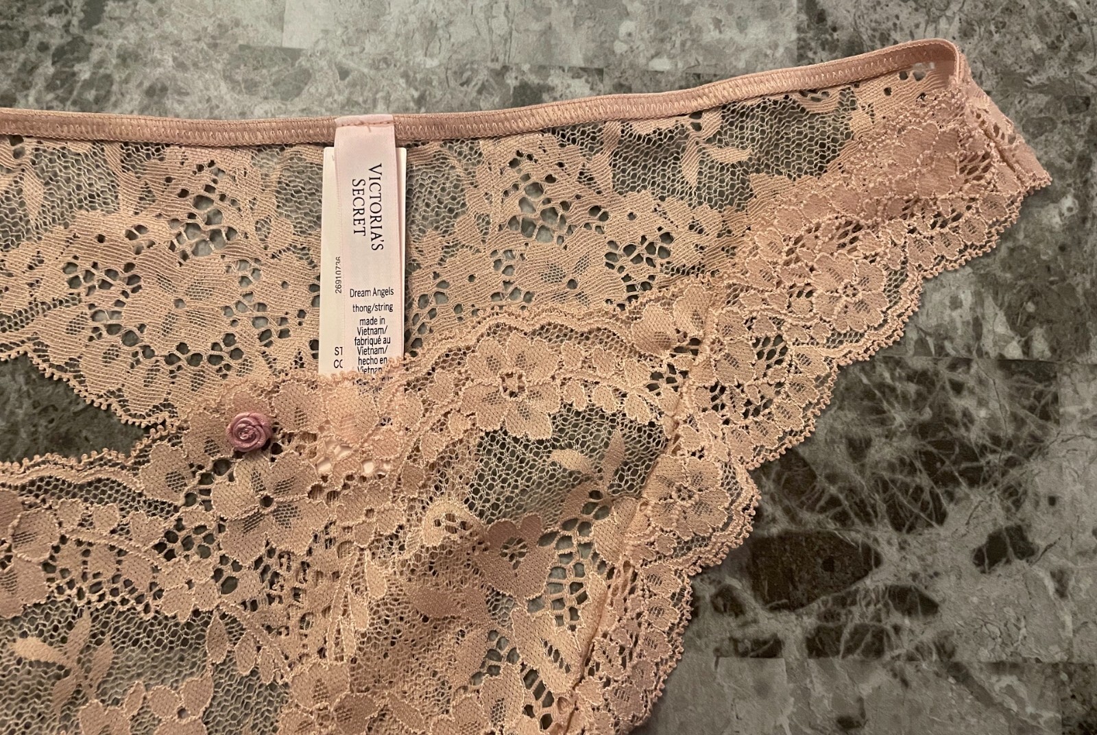 NWT VICTORIA’S SECRET L BEIGE NUDE LACE PINK ROSE FLORAL APPLIQUE THONG PANTIES