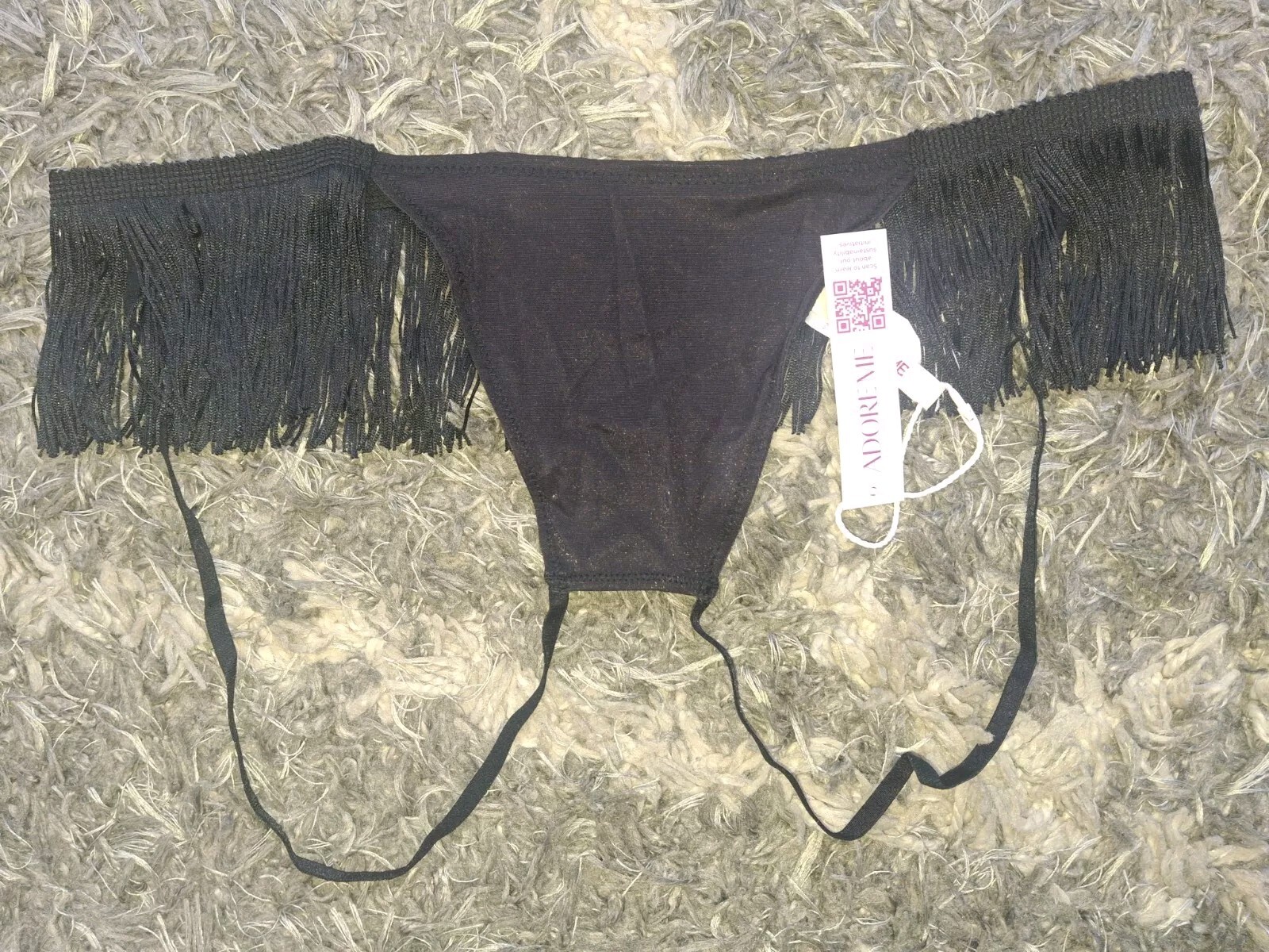 Adore Me/VS Fringe Crotchless Cheekini Panty NEW Small Black Shimmer