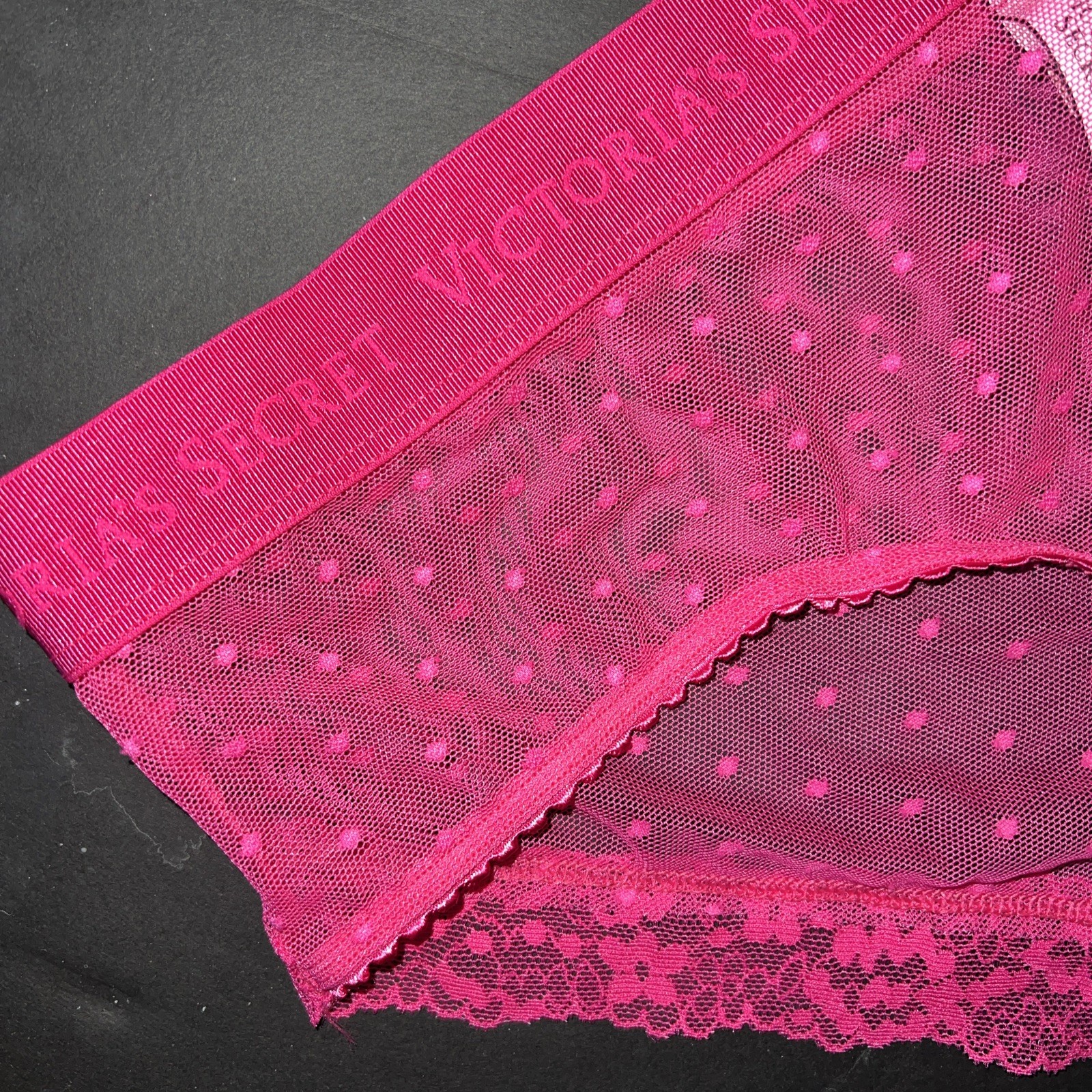 NWT Victoria’s Secret L HIPHUGGER/hipster PANTY Hot PINK polka Dot Mesh Logo