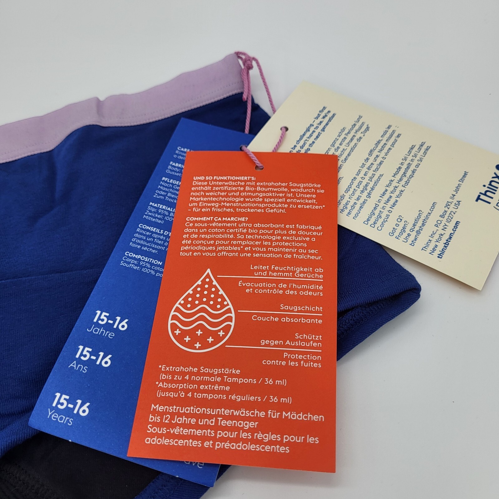 NWT Thinx Shorty Blue Period Underwear Boy Short Size 15-16 Years Teens