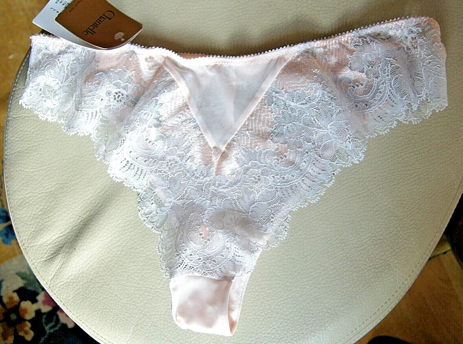 Chantelle Peach/Grey “Haut Couture” Lace/Brocade Tanga Style 3429/8E