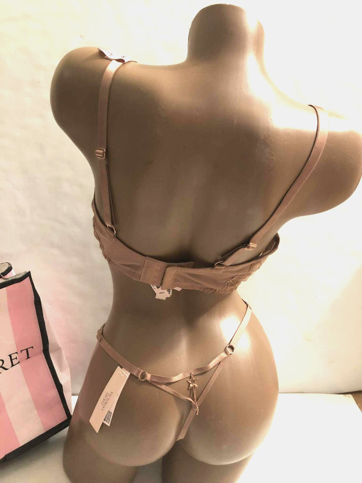 Victoria’s Secret Sheer Shine Low-Cut Demi Bra & V-string Panty Rose Gold Stars