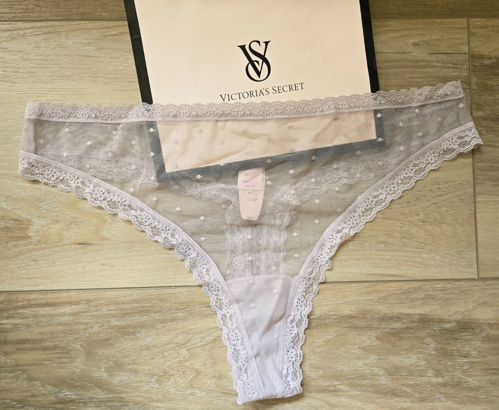 NWT Vintage Victoria’s Secret Taupe Sheer Dotted Mesh Lace Thong Panties XL