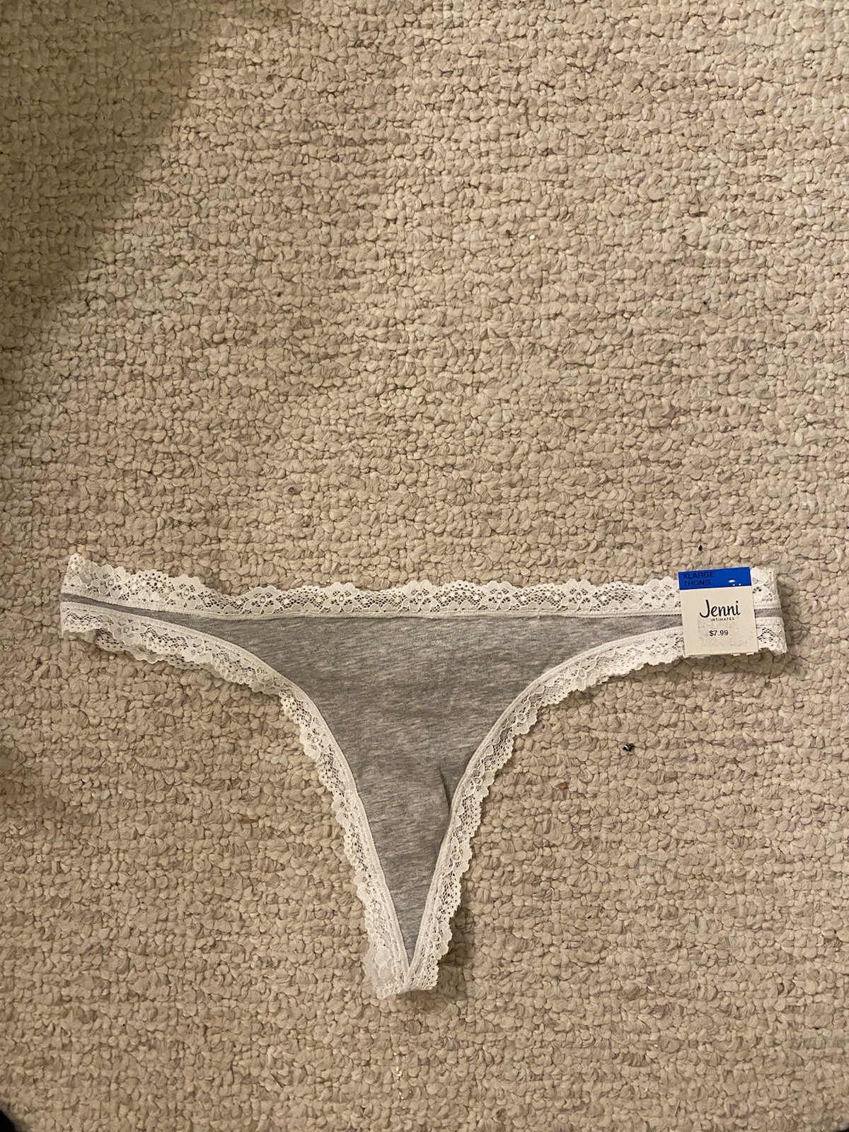 Jenni Women’s Lace-Trim Thong, Heather Grey, XL 95% Cotton NWTs