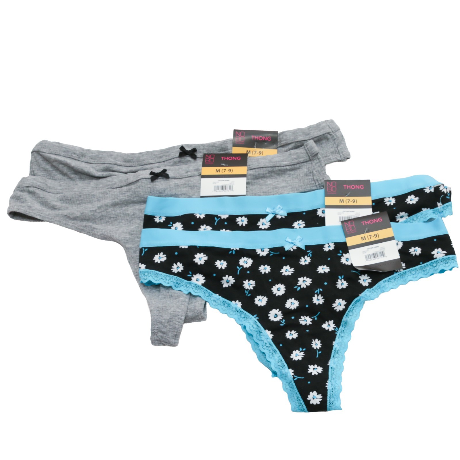 NOBO Thong Underwear Lot of 4 Medium 7-9 2-Gray & 2-Black Daisy Floral Lace